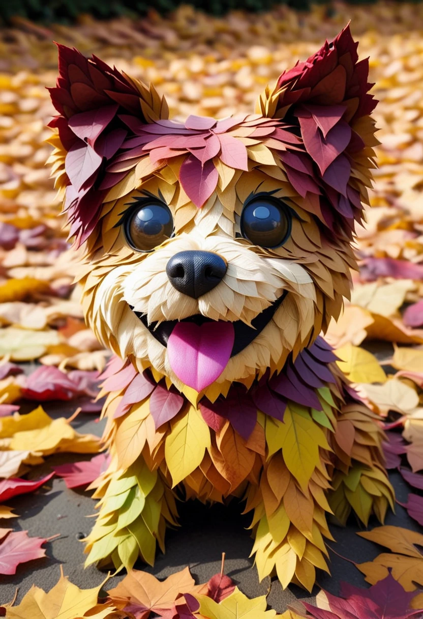 4UTUMNL34V3S, a cut dog is made of autumn leaves, detailed face, (big eyes:0.9), detailed eyes, (smile:1.1), long eye lashes ,Masterpiece,best quality, raw photo, realistic, very aesthetic