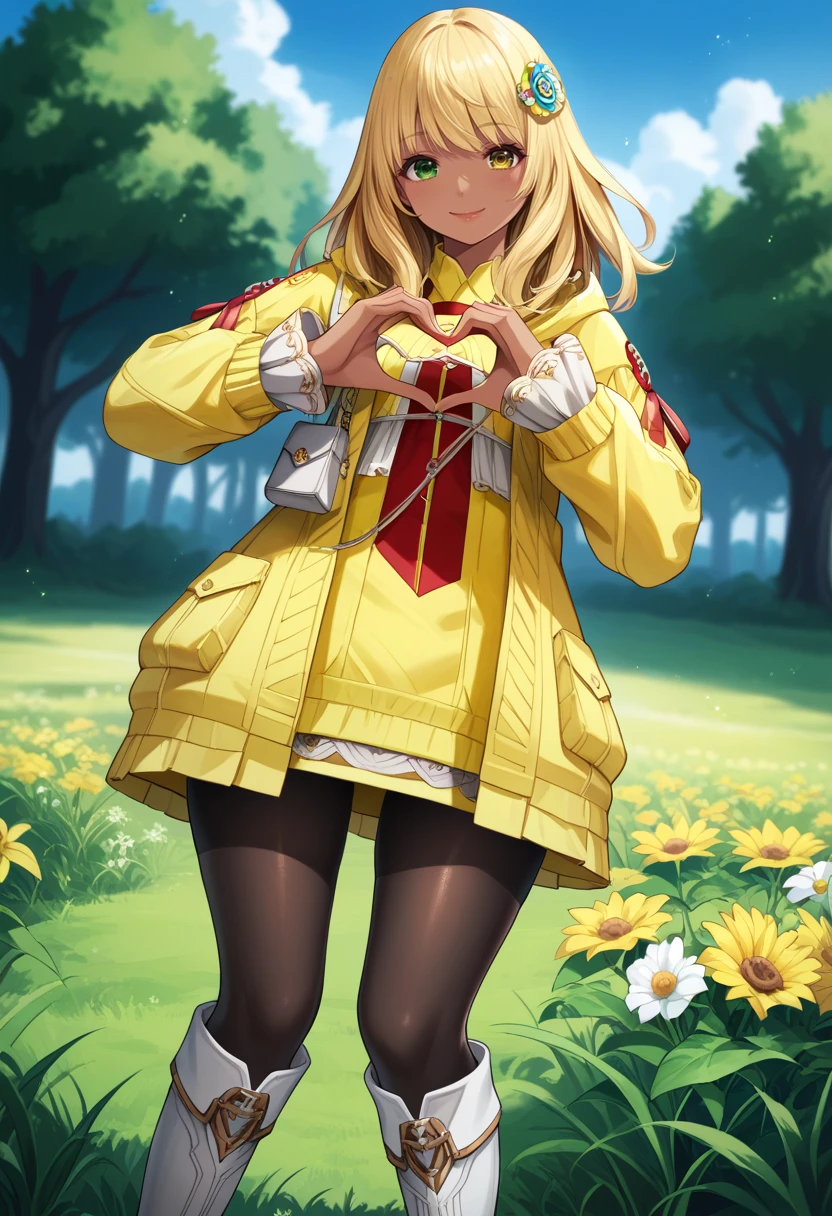 score_9, score_8_up, score_7_up, 1girl, solo, looking at viewer, cowboy shot, 
 <lora:QueenBFFxivDwnsty:1>, qbhuman, yellow jacket, blonde hair,  long hair, dark-skinnded female, heterochromia, green eyes, yellow eyes, hair ornament, yellow coat, handbag, black pantyhose, knee boots, white legwear,
smile, large breasts, smile, heart hands, 
outdoors, nature, grass, flower field, blue sky,