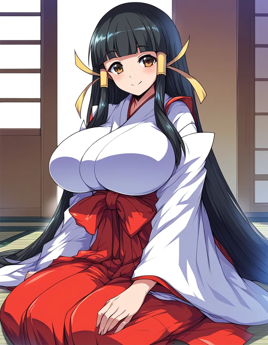 score_9, score_8_up, score_7_up, source_anime, rating_explicit, BREAK  <lora:Kasuga_Maori_XL:0.9> KasugaMaori, very long hair, black hair, huge breasts,, hair ribbon, brown eyes, hair tubes, bangs,  hime cut,
miko, japanese clothes,red hakama, skirt, hakama skirt,  smile, blush, sitting,
Japanese room, tatami,