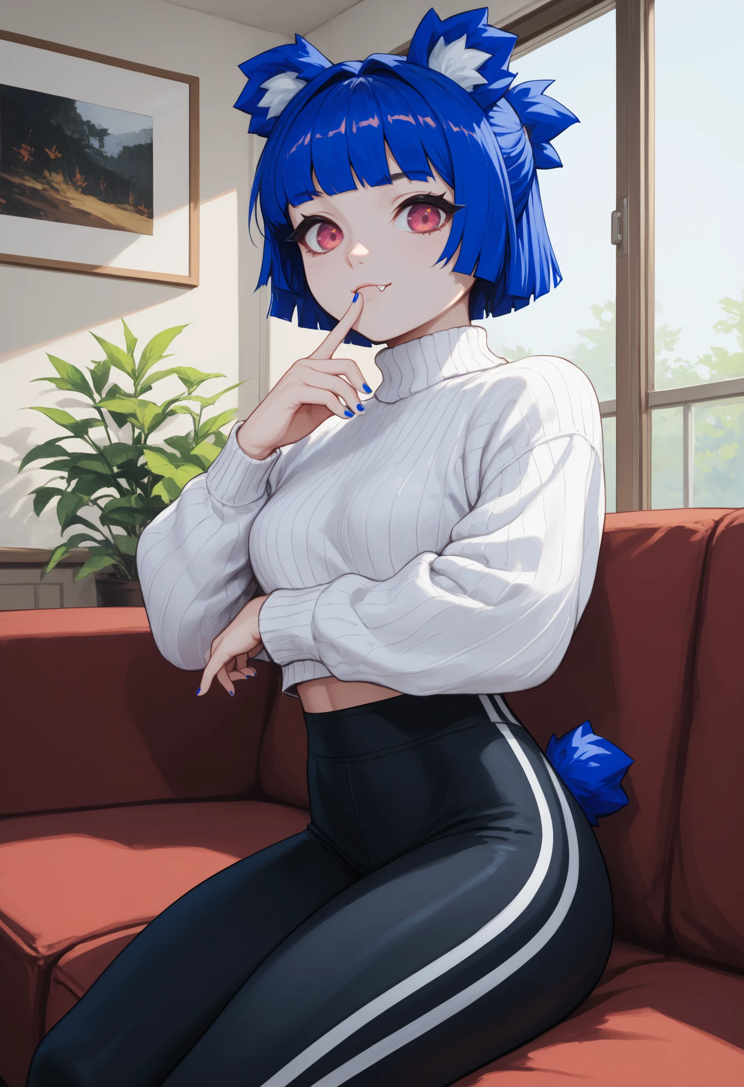 score_9, score_8_up, score_7_up, 1girl, GrisVert, animal ears, bear tail, magenta eyes, blue hair, short hair, medium breasts, toned, fang,
white sweater, cropped sweater, black yoga pants, blue nails,
looking at viewer, lounging, sofa, finger to mouth, from side, arm under breasts,
indoors, living room, 
<lora:Gris-VertigrisPDXL_V1-Manityro-CAME:1.0>,