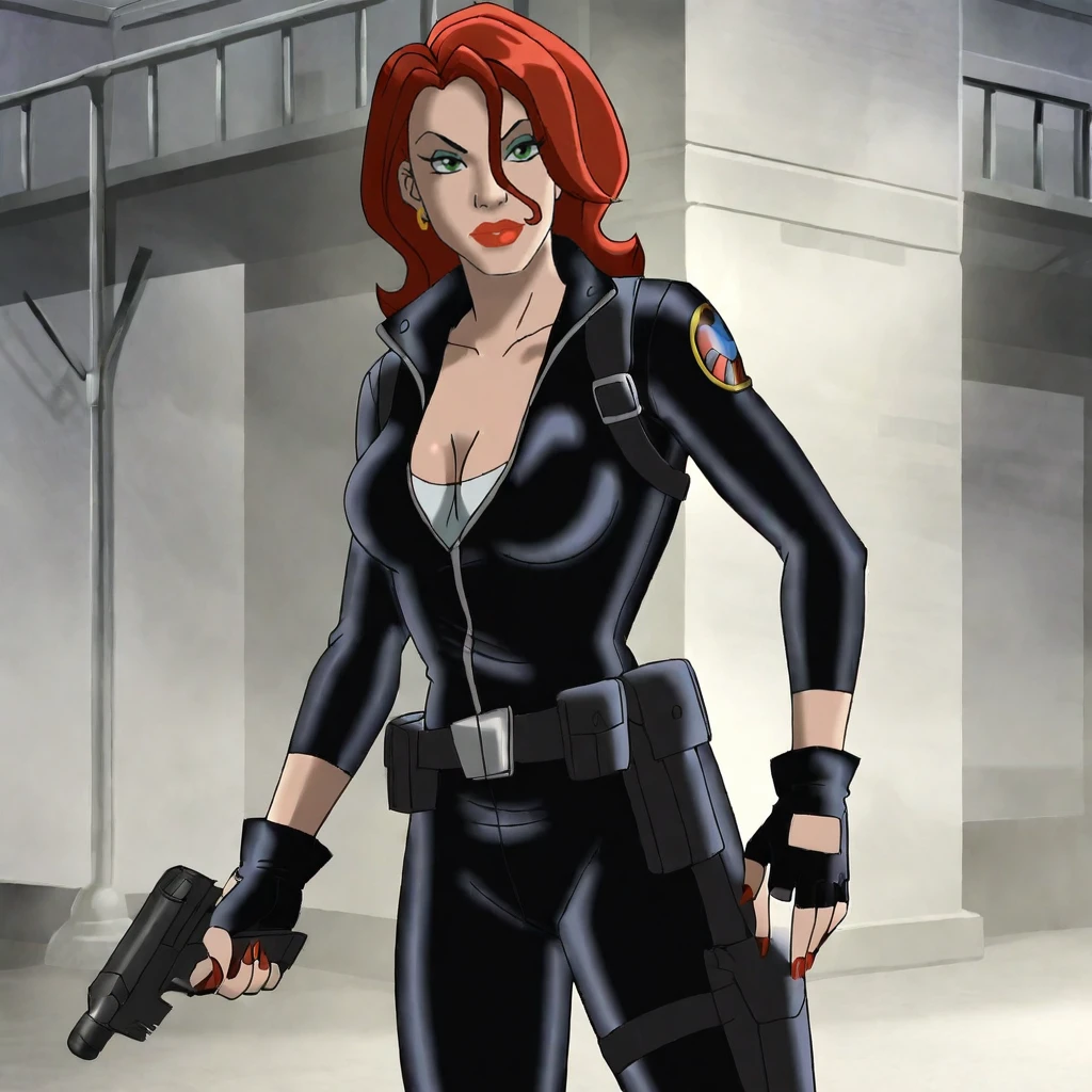 <lora:blackwidowultimateavengers_pony_v1:.7> blackwidowultimateavengers, 1girl, solo, breasts, red nails, green eyes, cleavage, fingerless gloves, bodysuit, jewelry, earrings, lipstick, red hair, makeup, nail polish, black gloves