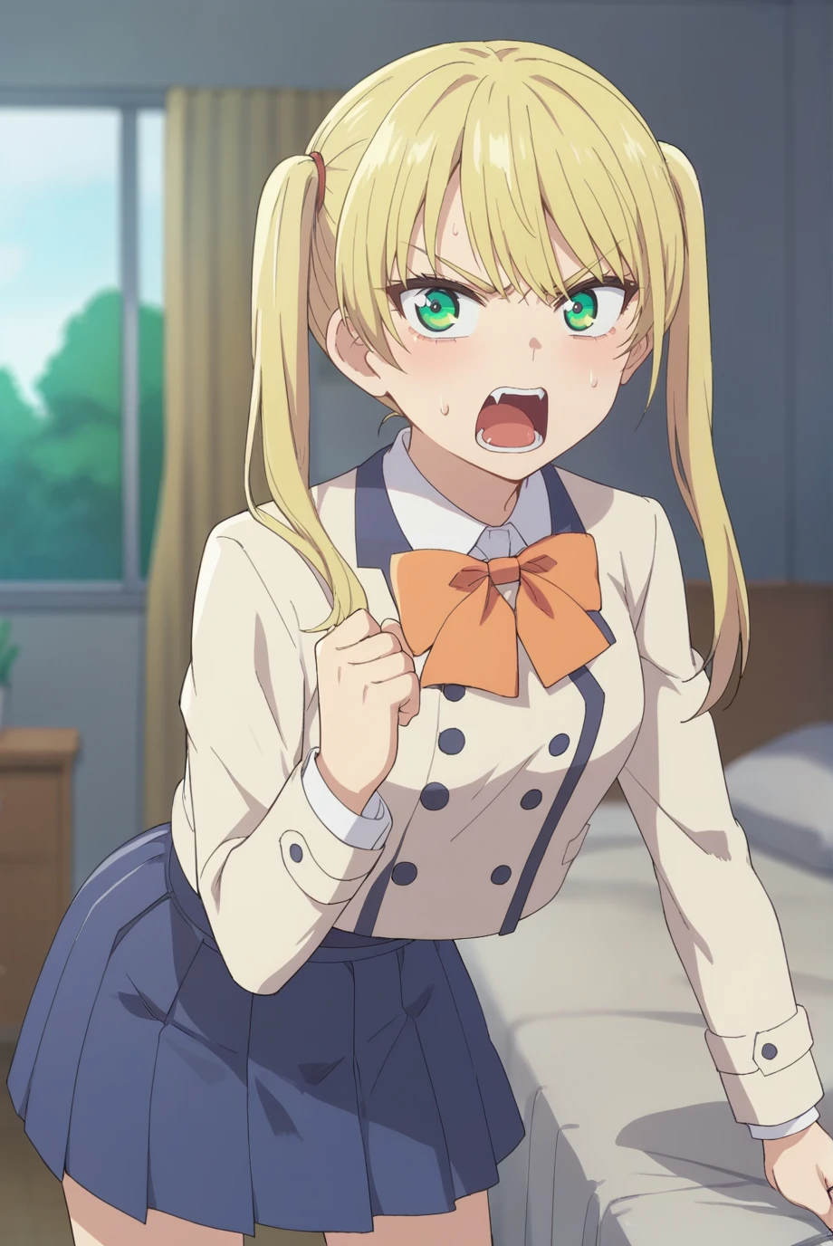 score_9, score_8_up, score_7_up, score_6_up, score_5_up, score_4_up, BREAK source_anime, 1girl, solo,
<lora:MirikiXL-v1-07:0.7>, ChopioMiriki, blonde hair, green eyes, looking at viewer,
long hair, twintails,
outfit_1, beige jacket, closed jacket, collared shirt, bowtie, cropped jacket, double-breasted, long sleeves, blue skirt, pleated skirt,
bedroom, leaning forward, angry, open mouth, shouting,