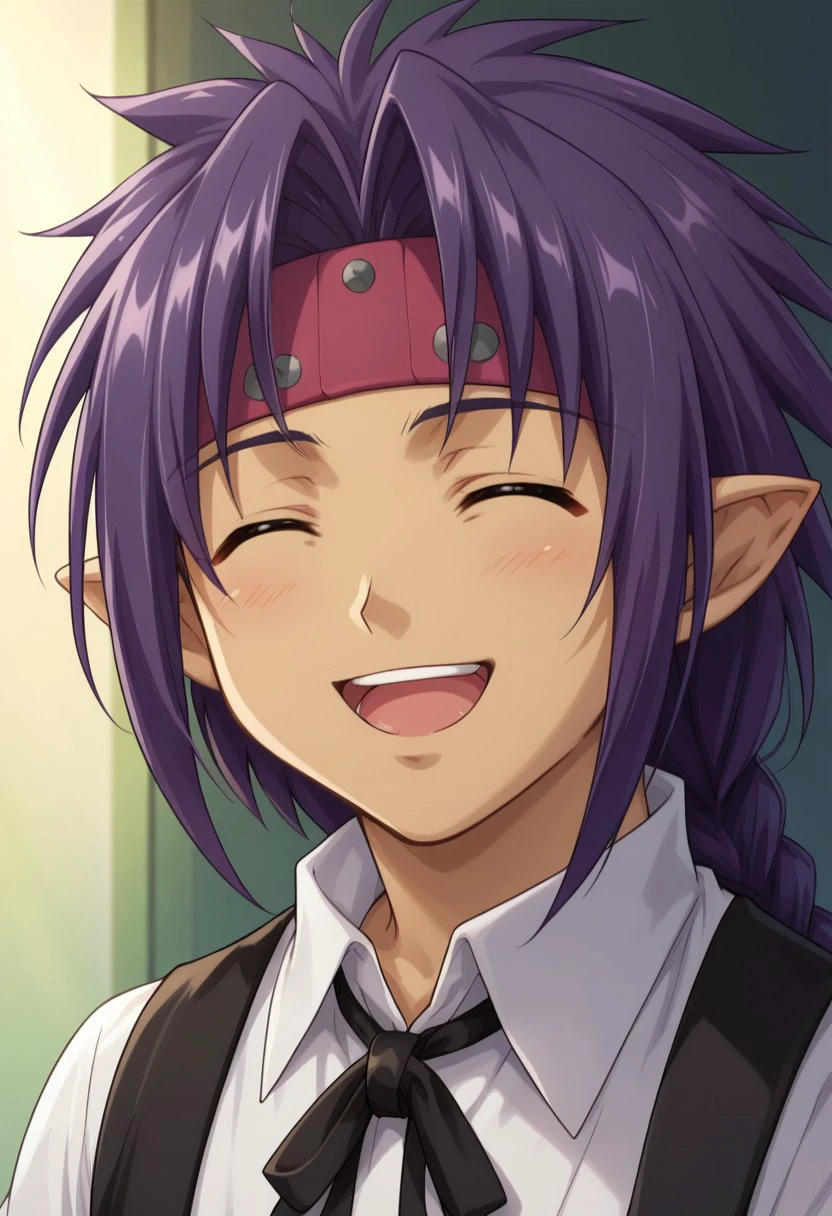 score_9, score_8_up, score_7_up, source_anime, highly detailed, 
chrono, solo, braid, 1boy, long hair, male focus, closed eyes, smile, open mouth, upper body, headband, purple hair, single braid, pointy ears, shirt, white shirt, dark skin, dark-skinned male, black suspenders, ribbon, black ribbon, neck ribbon, 
indoor,