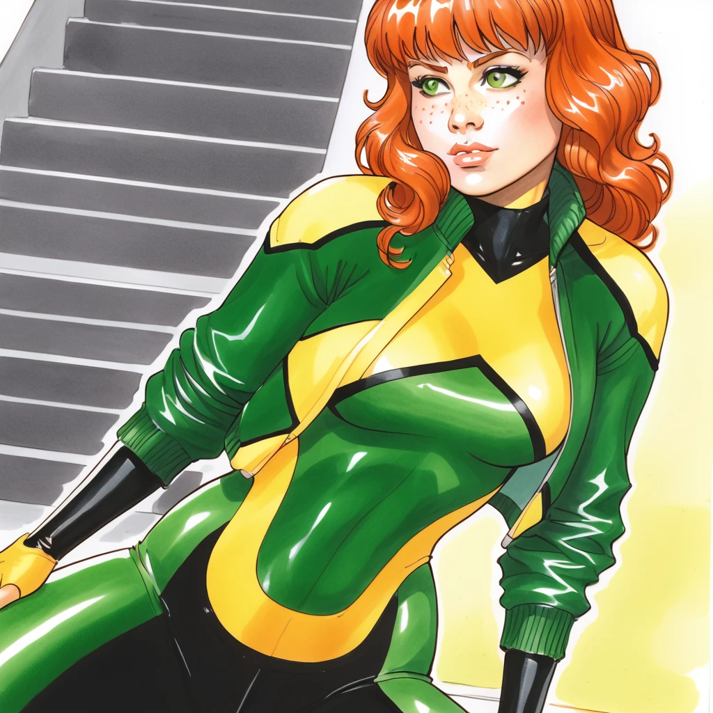 <lora:jeangreymarvelnow_pony_v1:1> jeangreymarvelnow, 1girl, solo, bodysuit, traditional media, freckles, green jacket, orange hair, fingerless gloves, marker (medium), medium breasts, lips, green eyes, long hair, skin tight, 1980s (style)