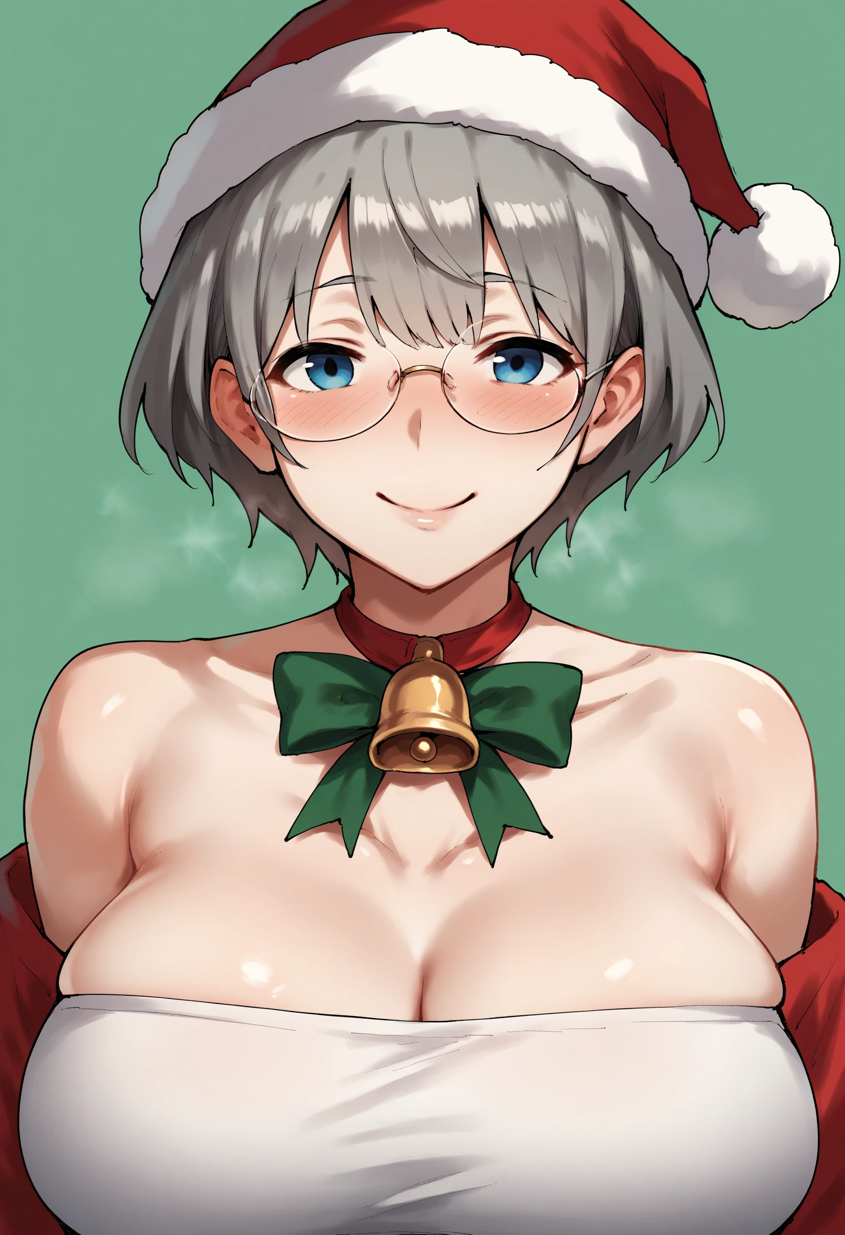 score_9,score_8_up,score_7_up,score_6_up,source_anime, rating:general, 1girl, solo, breasts, looking at viewer, blush, short hair, bangs, blue eyes, grey hair, smile, glasses, portrait, christmas, red headwear, neck bell, santa hat, huge breasts <lora:paioXL:.7>