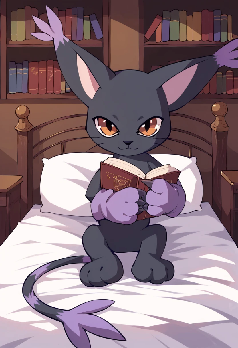 score_9,score_8_up,score_7_up,score_6_up,score_5_up,score_4_up,absurdres,masterpiece,outstanding,gatomon,digimon,feral,rating_safe,blackgatomon, black fur,blackgatomon sitting, on bed, bookshelves, paw gloves, purple gloves, orange eyes, in bedroom