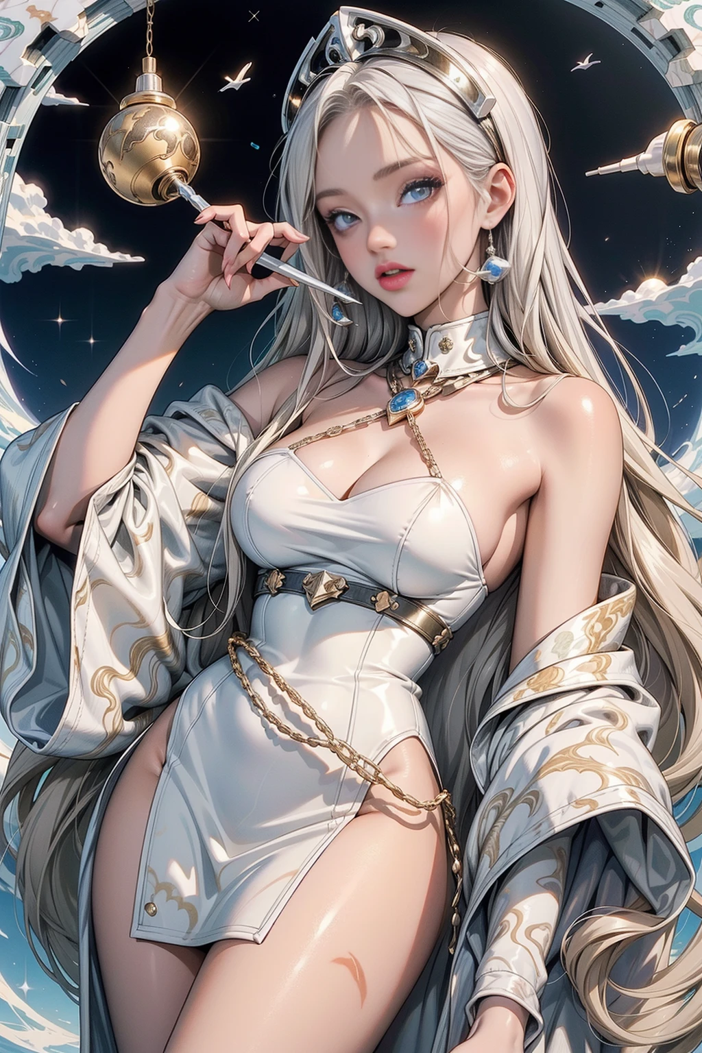 <lora:MarbleCastaluminumWorld:1> (MarbleCastaluminumWorld:1.2) DV_Lucinda_Vicious 1Woman in a celestial-patterned outfit controls the weather from a mountaintop.