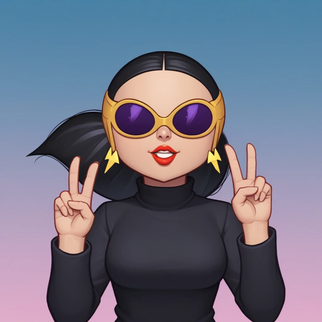 score_8_up, BREAK, ODESSADRAKE, 1girl, solo, black hair, ponytail, lipstick, sunglasses, black turtleneck sweater, long sleeves, upper body,  <lora:OdessaDrake_PXL_Leaf2:1>, gradient background, double v,