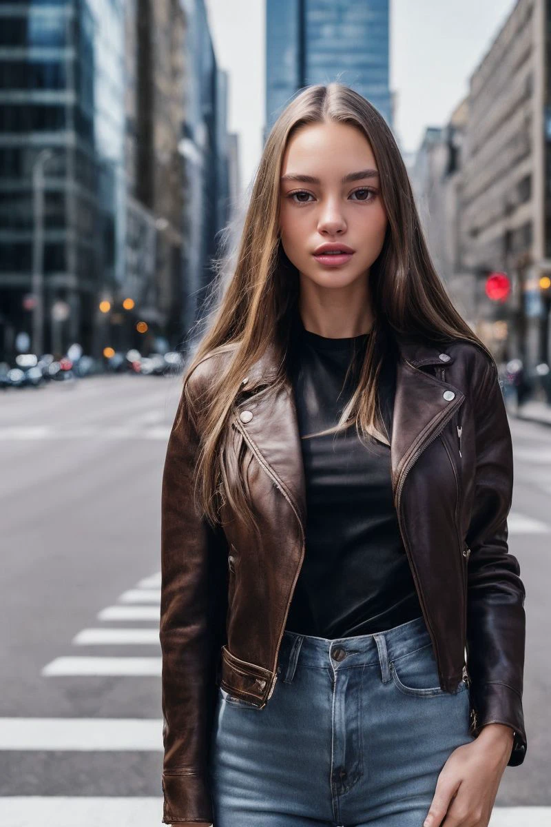 photo of S479_SolaZola,a stylish woman,in a (city:1.1),wearing a (leather jacket),(shirt),(jeans),(cityscape),(4k, RAW photo, best quality, 50mm, depth of field, ultra high res:1.1),(intricate, photorealistic, cinematic-shot, masterpiece, ultra-detailed:1.1),