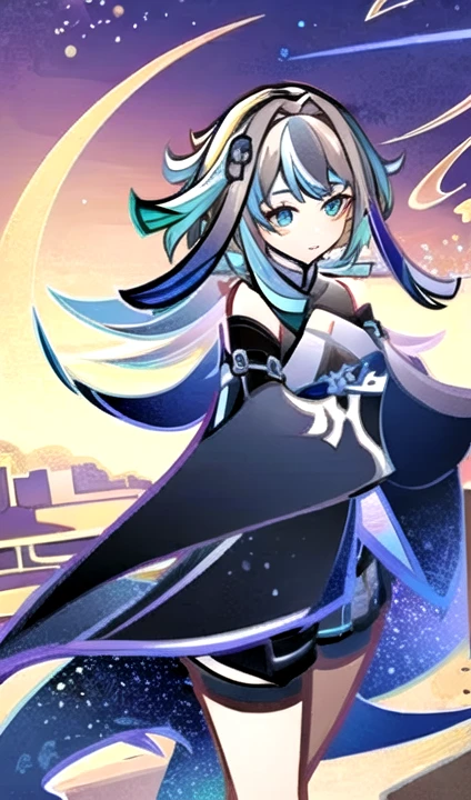 <lora:GITCG-10:1>, GI TCG, gi tcg, matte hair shading, matte colors, ((thick outlines, colored outlines)), <lora:Guizhong:1> guizhong_genshin, default_outfit, sleeves over wrists, starry sky print, stardust, glitter,