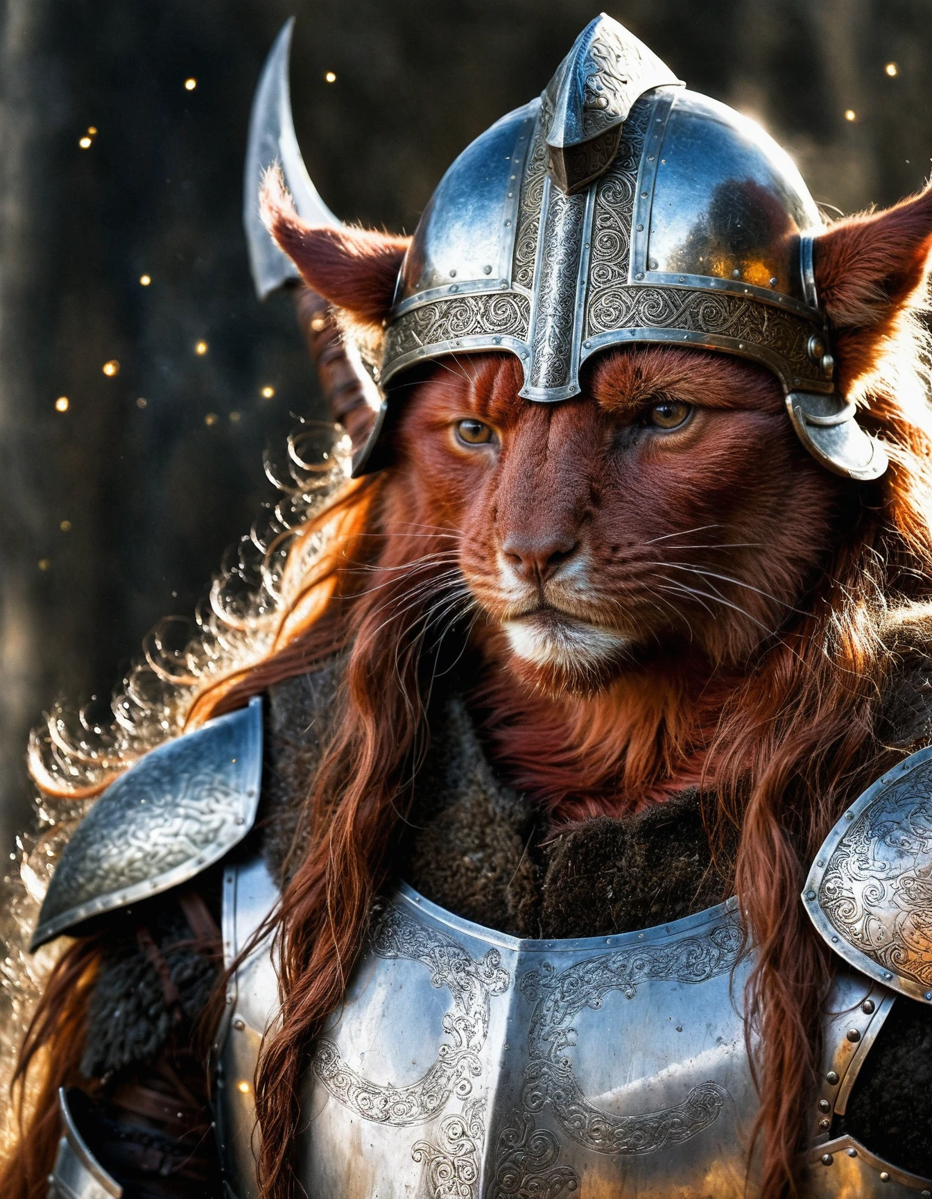 anthro, squirrel, long red fur, (fluffy), long hair, voluminous hair, (Viking, armor, nordic engraving), battleaxe, winged helmet, silver and gold armor,
light particles, subtle glows, (vivid colors), sharp focus,  ((realistic, raw, photo, 35mm, raw)), real life,