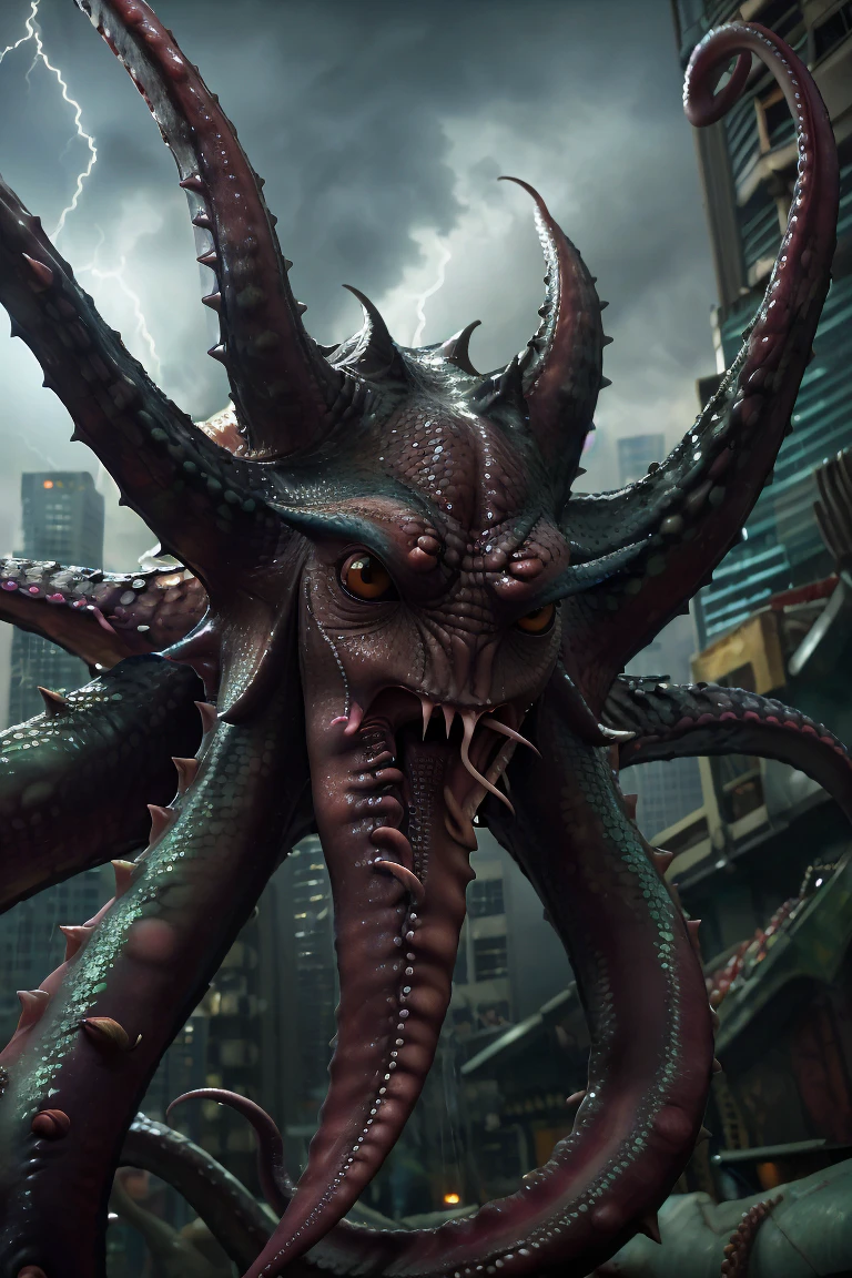 a (large octopus with slick skin and many long tentacles with spikes) with his tentacles lifted, showing off his (large open jaws with rows of sharp teeth and fangs) BREAK
in a dense city floating (inside a pool) soaking wet, his long tentacles reaching out of the water BREAK
(close up view from below, storm day with heavy rain and lightning), deep shadows, sharp focus, ultra realistic, skin pores, natural lights, intricate details, lens flare