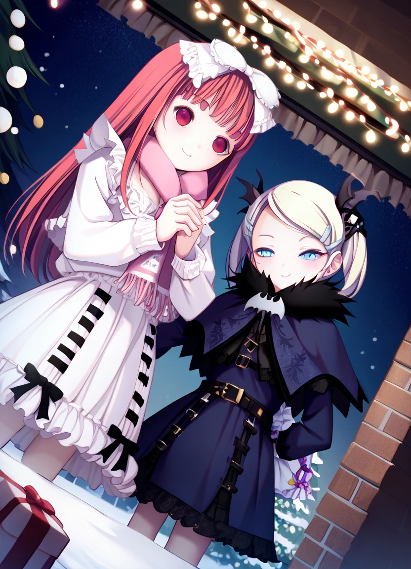 masterpiece, best quality, light, dutch angle, winter, christmas, gift, 2girls, windia, red hair, red eyes, casper, blonde hair, blue eyes, hairclip, smile, <lora:deathsmiles_all_pdxl_v2-3:1>, zPDXL2,