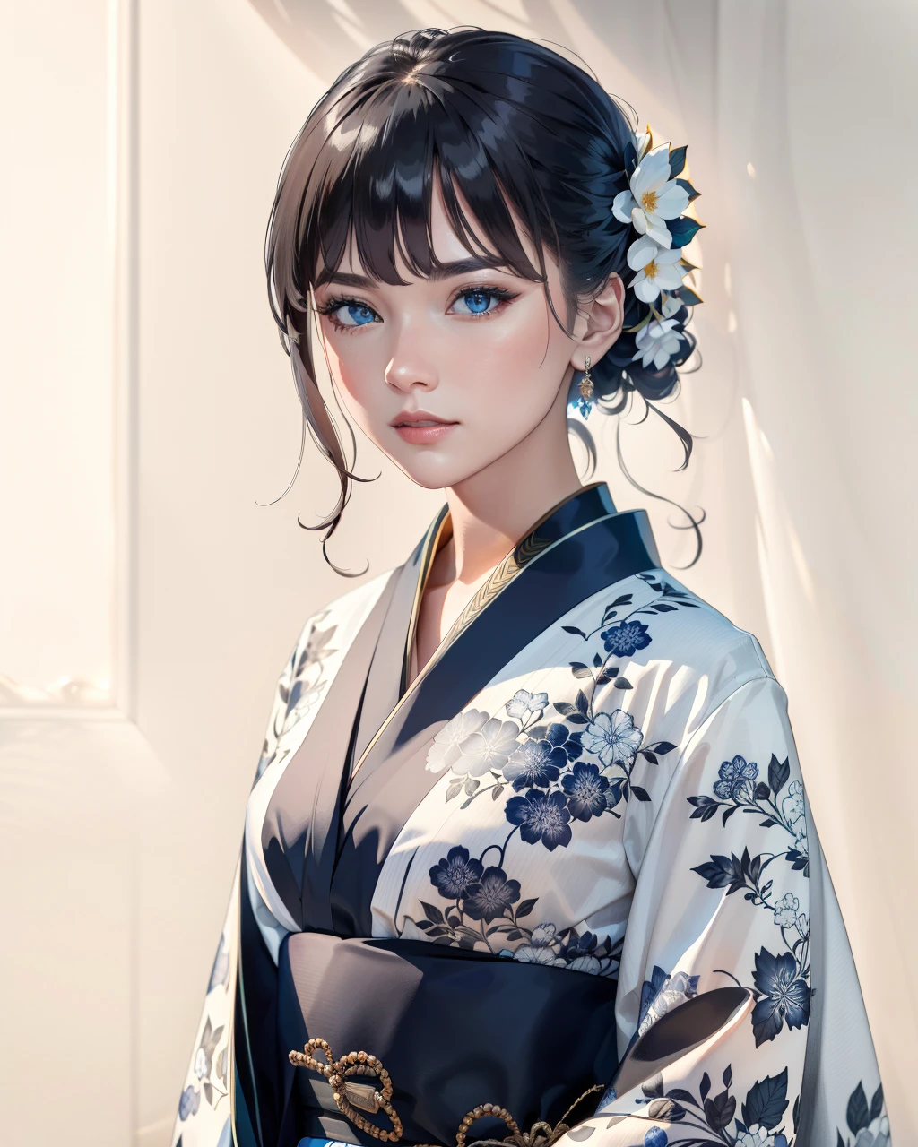 best quality,masterpiece,highly detailed,ultra-detailed, 
  <lora:neg9V2_last:0.7>   <lora:blue-and-white-porcelain_V03:1>, blue-and-white porcelain print kimono,1girl,