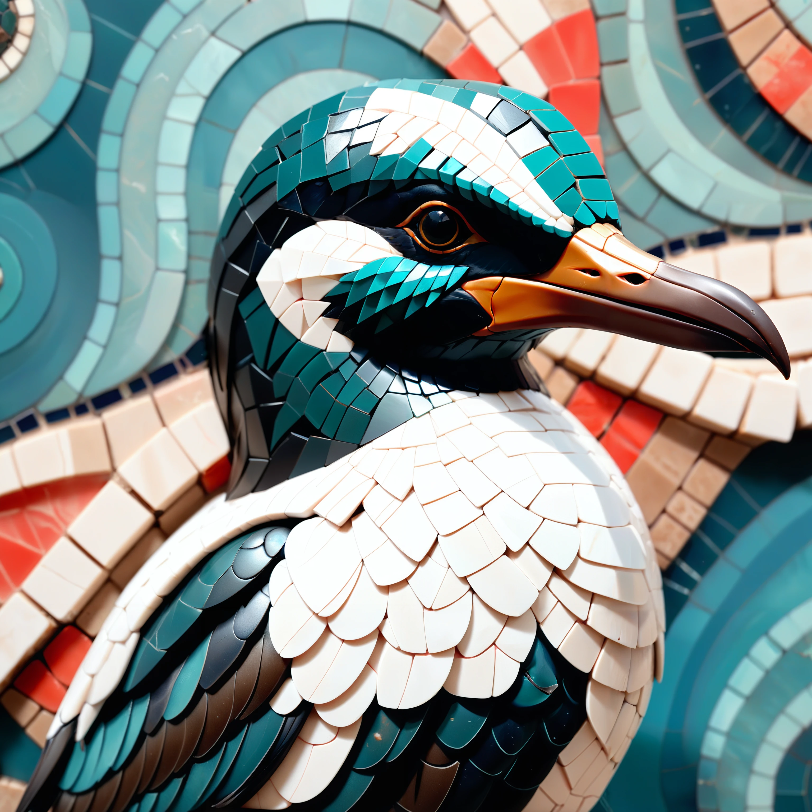 Mosaic, <lora:MosaicStyle_epoch_2:1>, Resin artwork of a Abbott's Booby, Dark Teal, Sand and Coral, dynamic dramatic composition, dynamic cinematic color, vivid colors, delicate, holy, extremely stylish, illustrious quality, intricate