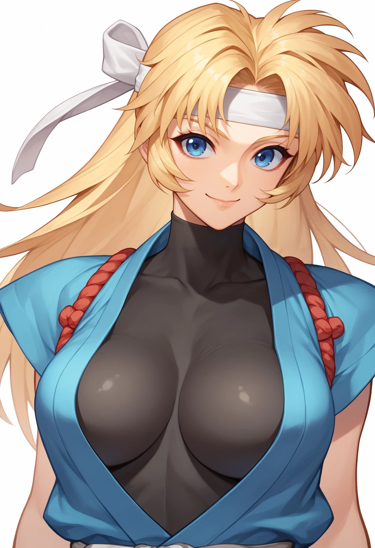 score_9, score_8_up, score_7_up, score_6_up, score_5_up, score_4_up, BREAK,
1girl, rachealcolton, blonde hair, blue eyes,  long hair,
headband, japanese clothes, large breasts, leotard,
upper body, smile, looking at viewer, solo, simple background, white background    <lora:RachealColtonXL:1>