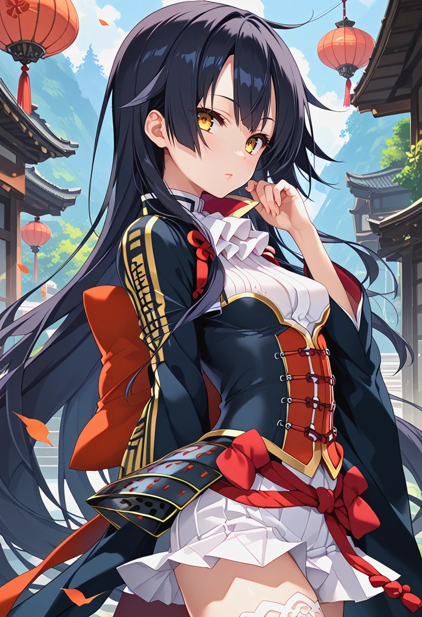 <lora:ODKUON_Pv1-000030:0.8>, odkuon, black hair, yellow eyes,   1girl, japanese clothes, japanese armor,  frills, high quality,, BREAK score_9, score_8_up, score_7_up, score_6_up, source_anime, best quality,