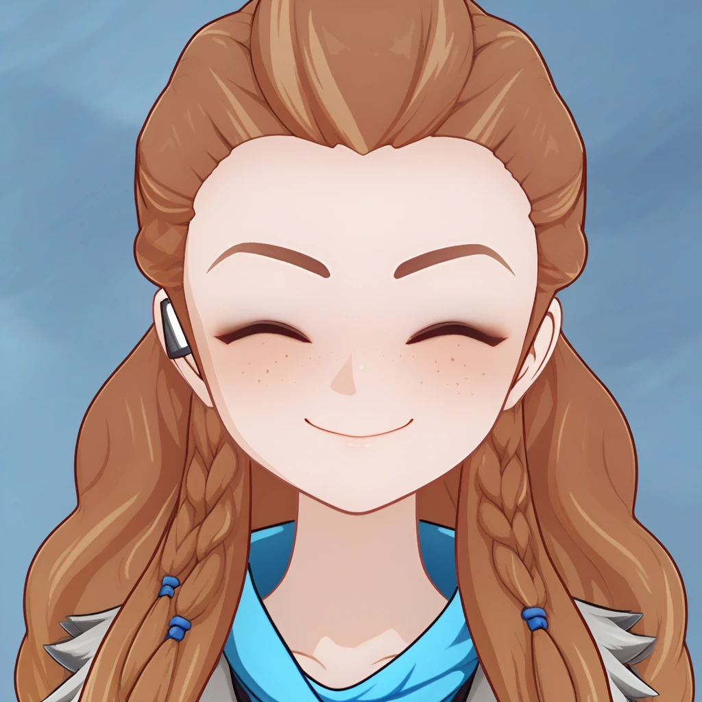 Aloy smiling, eyes closed