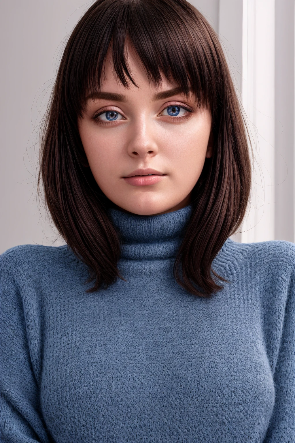 mndngwmn, (blue eyes:0.4),turtleneck sweater, , (ultra realistic, 8k,high quality), natural lighting, (wearing makeup:1.1),