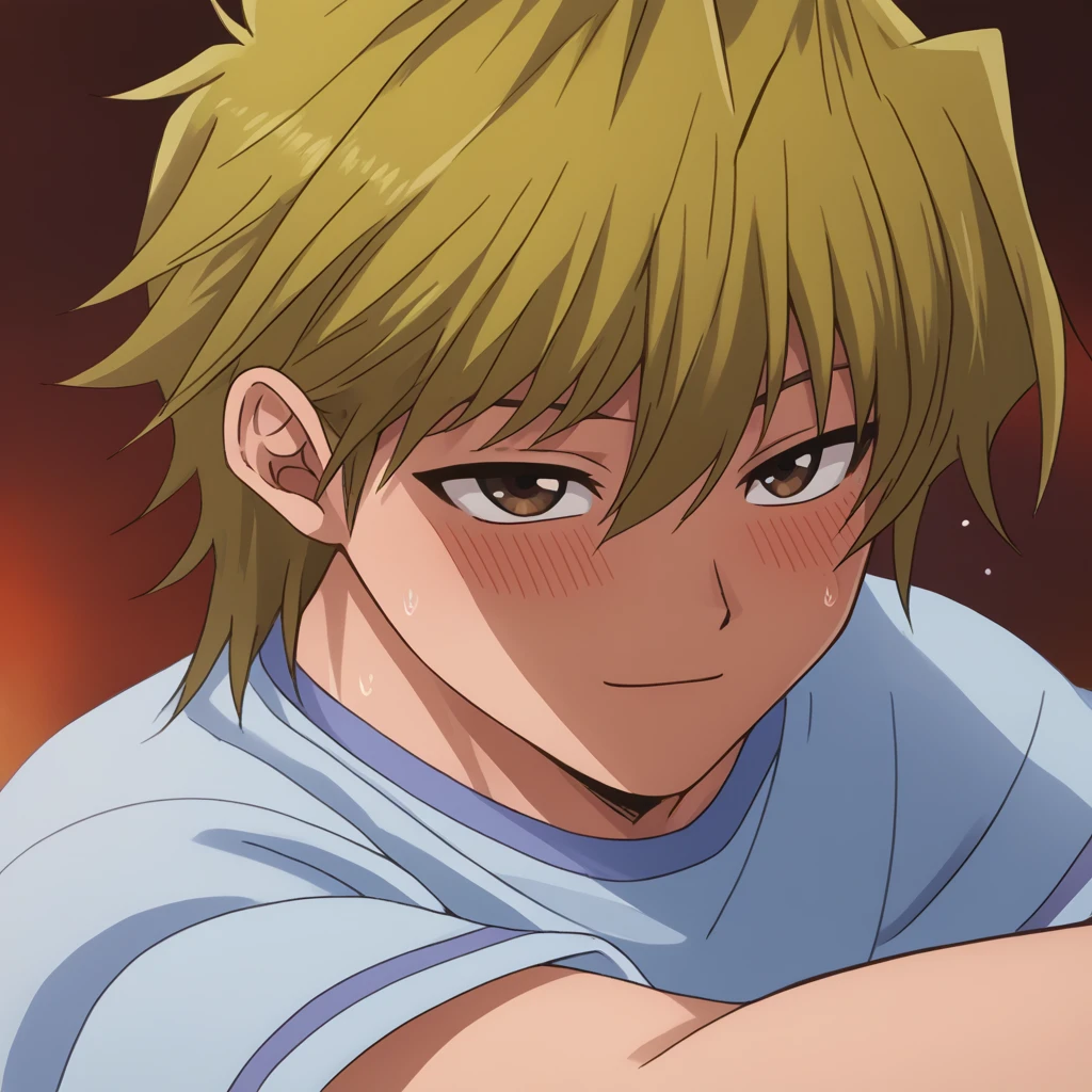 score_9, score_8_up, score_7_up, score_6_up, detailed, intricate details, highres, absurdres ,source_anime, cowboy shot,
2boys, solo focus, yaoi, wiid,sweat, blush, looking at another, eye contact, SWEATDROP, seductive smile,
BREAK, jounouchi katsuya, blonde hair, brown eyes, white t-shirt, official style<lora:EMS-430683-EMS:1.000000>, <lora:EMS-420423-EMS:0.800000>