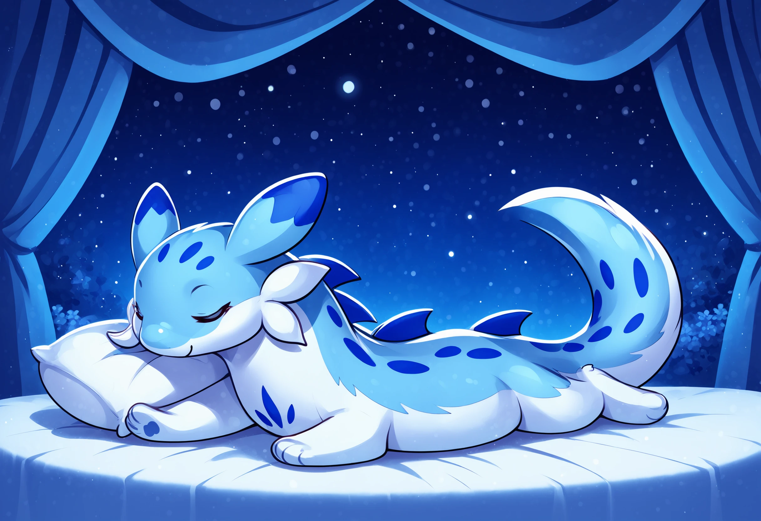 score_9, score_8_up, score_7_up, source_anime BREAK
bedroom, blue bed, pillows, blue sheets, blue walls, night, dark
Chillet_Palworld, feral, light blue fur, happy, white underbelly,blue back spikes, blue chest markings, blue spots, blue-tipped ears, whiskers, long animal ears, long tail
lying, on stomach, full body, looking at viewer, closed eyes, snot bubble, smile, asleep, sleeping, (curled up:1.4)
facing viewer
(four legs:1.6)
detailed background, beautiful scenery
<lora:add-detail-xl:1>
<lora:Chillet_Palworld:1>
<lora:Chibi_Dragon:0.8> cheeb_drg, dragon, chibi
