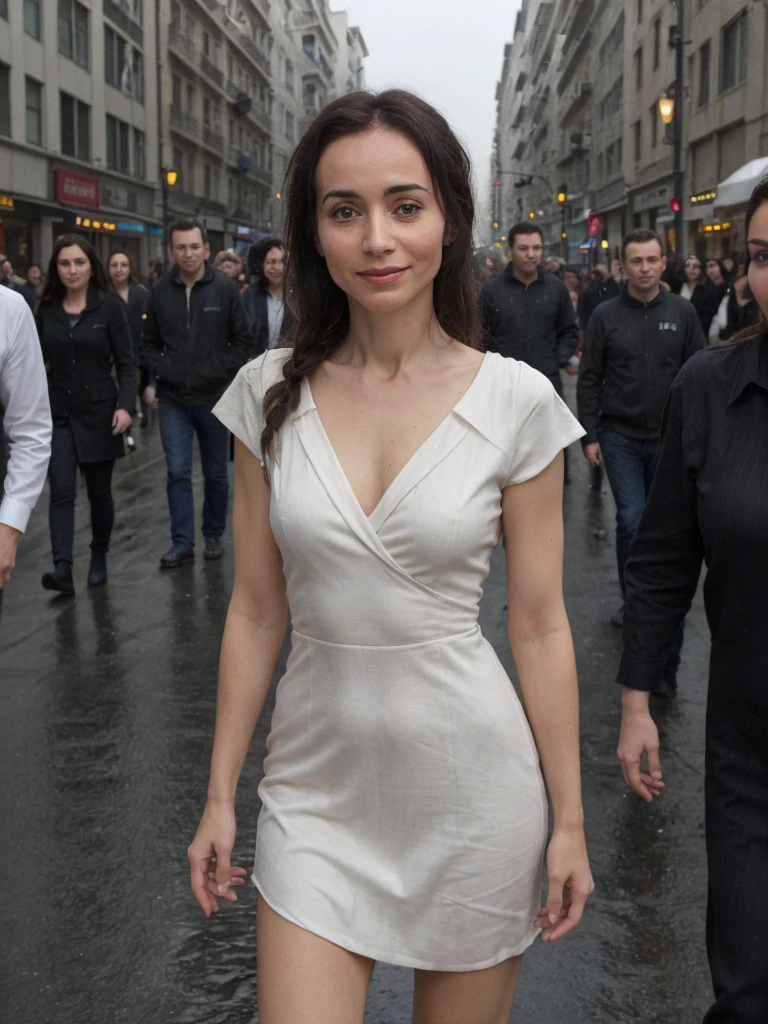 a professional absurdres intricately detailed sharp focus photograph of (Helene_Maksoud:1.1),
wearing a wrapped dress and a warm smile with a {pulled back|pixie|tight-cropped|long with a single braid} hair cut,
standing on a random street corner with people hurrying by in the rain of fire,
 <lora:Helene_Maksoud:0.8>