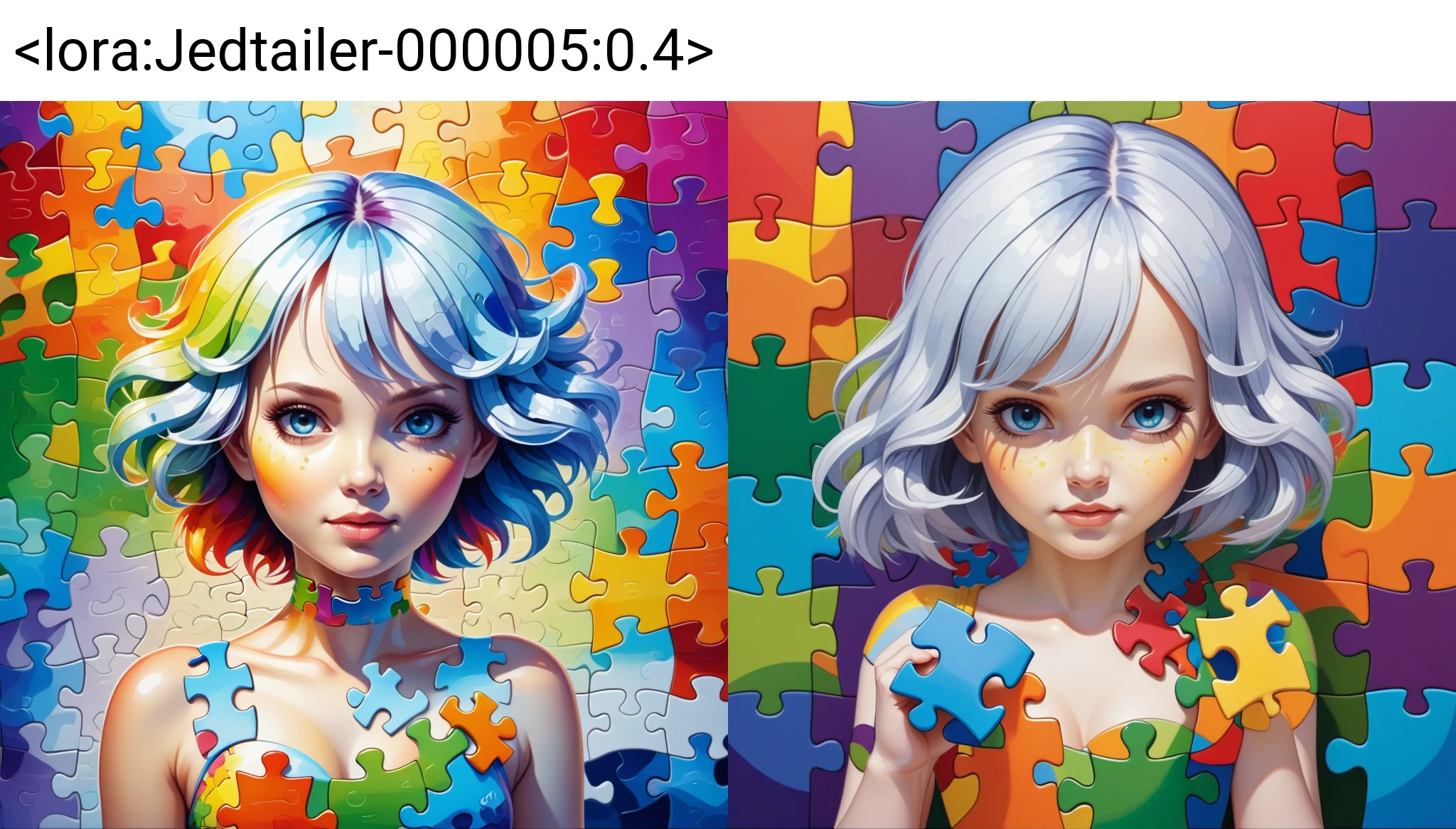 2b made out of puzzle pieces, masterpiece, full of details, vivid colours, positive emotional, Jed-dtl, <lora:Jedtailer-000005:0.4>