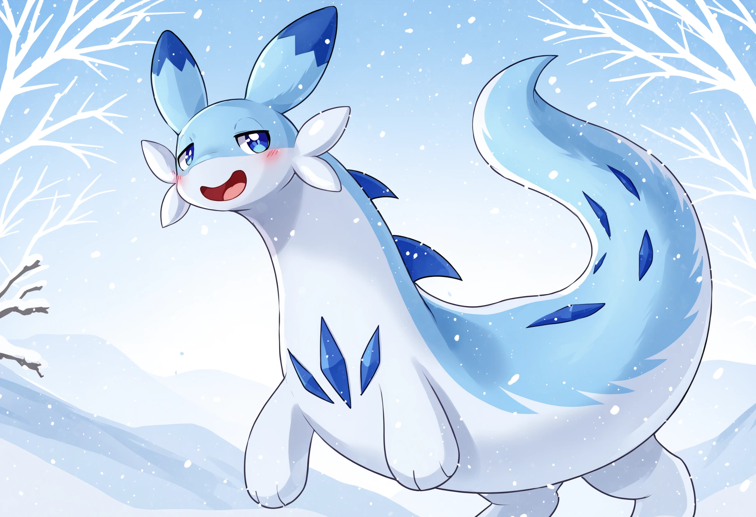 score_9, score_8_up, score_7_up, source_anime BREAK
winter background, snow, ice
Chillet_Palworld, feral, light blue fur, blue eyes, white underbelly, blue back spikes, blue chest markings, blue spots, blue-tipped ears, whiskers, long animal ears, long tail, 
standing, half-closed eyes, blush, smile, looking at viewer, smile, facing viewer, open mouth
detailed background, beautiful scenery
<lora:add-detail-xl:1>
 <lora:Chillet_Palworld:1>