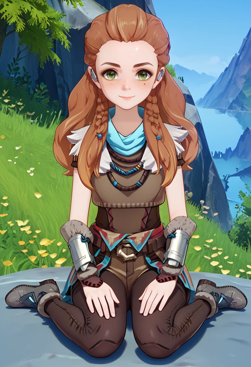 score_9, score_8_up, score_7_up, score_6_up, score_5_up, 1girl, <lora:Aloy_-_Genshin_Impact:0.8> GenshinAloy, green eyes, freckles, forehead, brown hair, hair pulled back, bangs pinned back, braids, twinbraids, sidelocks, long hair, brown clothes, leather, crop top, short sleeves, belt, jewelry, brown pants, detached sleeves, single earphone, grey footwear, sexy, female focus, fantasy, expressive, skindentation, skinny, 1female, masterpiece, 32K HD, beautiful attention to detail, detailed eyes, shiny skin, showing lots of skin, wide lens, perfect hands, perfect eyes, ((2d)), anime, source anime, anime coloring, flat shadows, flat colors, looking at viewer, front view, zPDXL2, zPDXLxxx, sitting, uncensored , full body, outdoors, smile