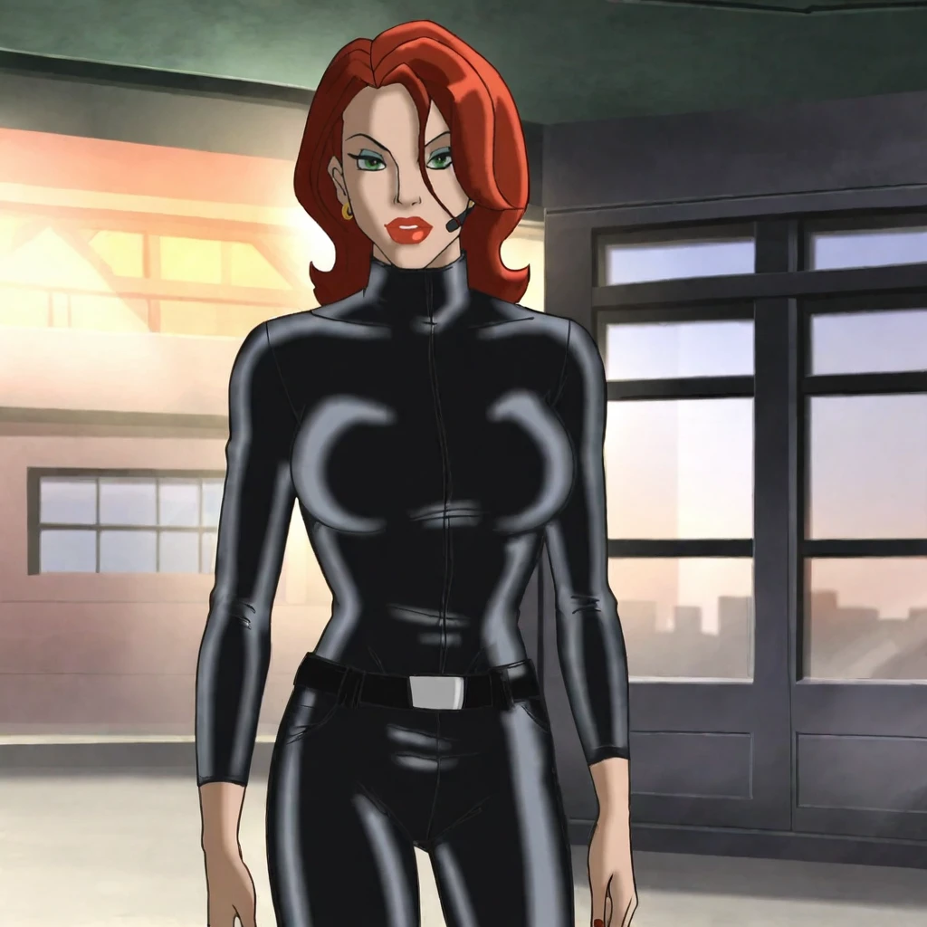 <lora:blackwidowultimateavengers_pony_v1:.7> blackwidowultimateavengers, 1girl, green eyes, jewelry, earrings, red hair, belt, lipstick, medium breasts, makeup, red lips, bodysuit, pants, turtleneck, giant breasts