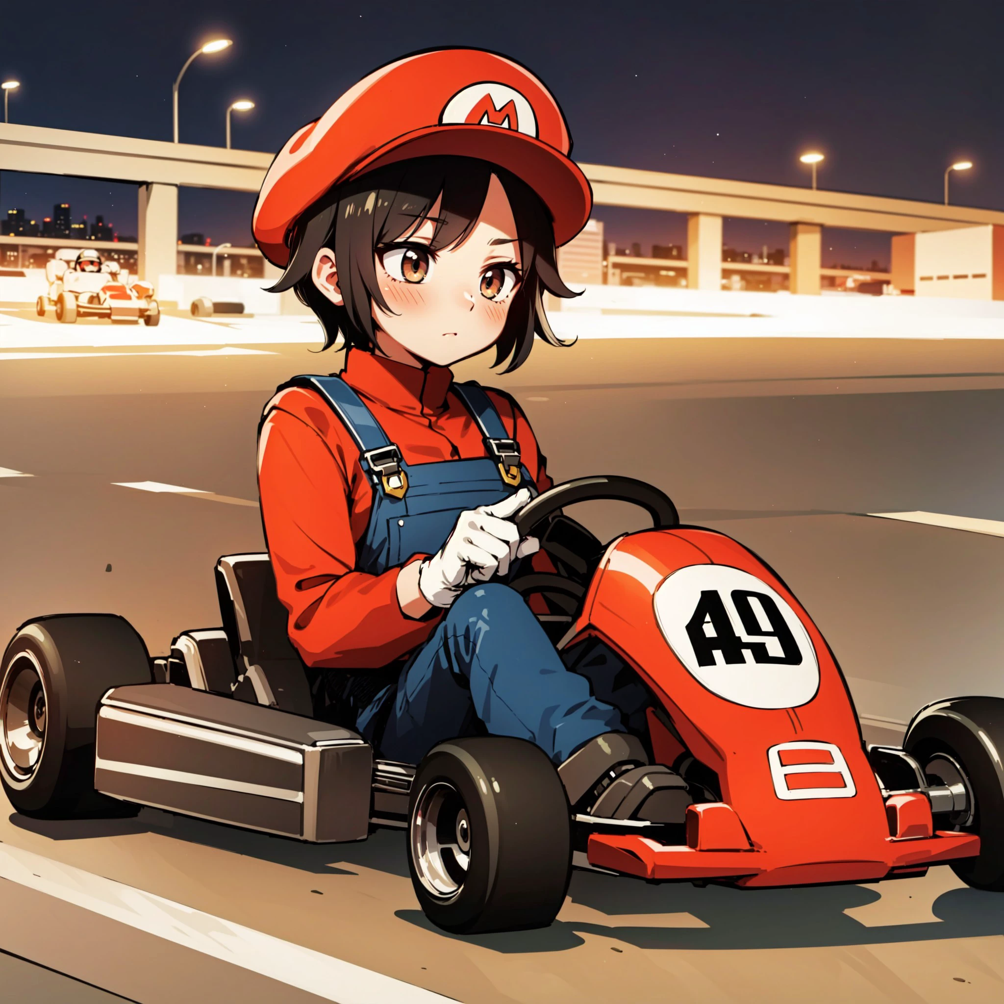 1girl, (kart, go-kart:1.3), in a highway at night, sitting, short hair, black hair, tomboy, blushing, embarassed, 
[medium breasts], (driving), [full body], red mario hat, blue overalls, brown shoes, white gloves, supermario, cars in the background, [brown eyes], , <lora:Tomboy:0.9>, <lora:SuperMario:0.5>, <lora:35884420-bad0-4685-a88f-1f22ef61575e:0.7>