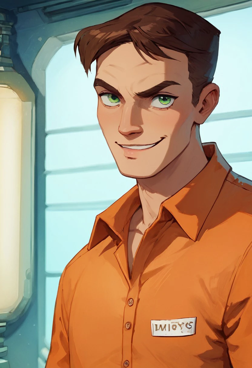 zPDXL2, score_9, score_8_up, score_7_up, 1boy, timscam_ts!, brown hair, short hair, green eyes, orange prison clothes, collared shirt, upper body, close up, staring at viewer, darkened face, smirk