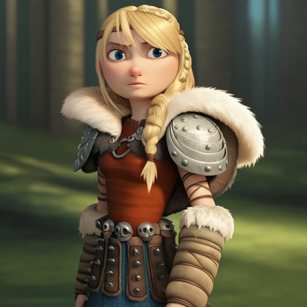 score_8_up, BREAK, ASTRIDHOFFERSON, 1girl, solo, blonde hair, braid, Long hair, blue eyes, fur trim, shoulder armor, armor, pauldron, cowboy shot, depth of field,  <lora:AstridHofferson_HTTYD2_PXL_Leaf1:1>, forest,