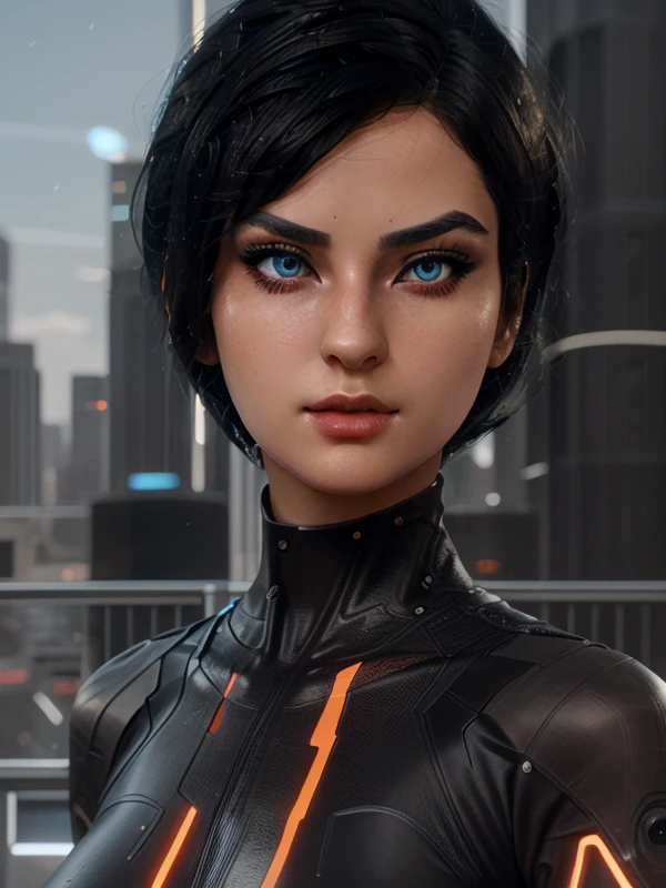 (Kira)+, (best quality:1.5) young female, woman, short black one side oriented hair, blue glowing eyes, black bodysuit with orange lines, classic kira appearance, correct suit, closeup, focus on face, epic city scenery, best quality, high resolution, highly detailed, realistic, photo, correct proportions, detailed drawn face, (correct eyes)++, (perfectly drawn eyes),  <lora:kira:0.9>