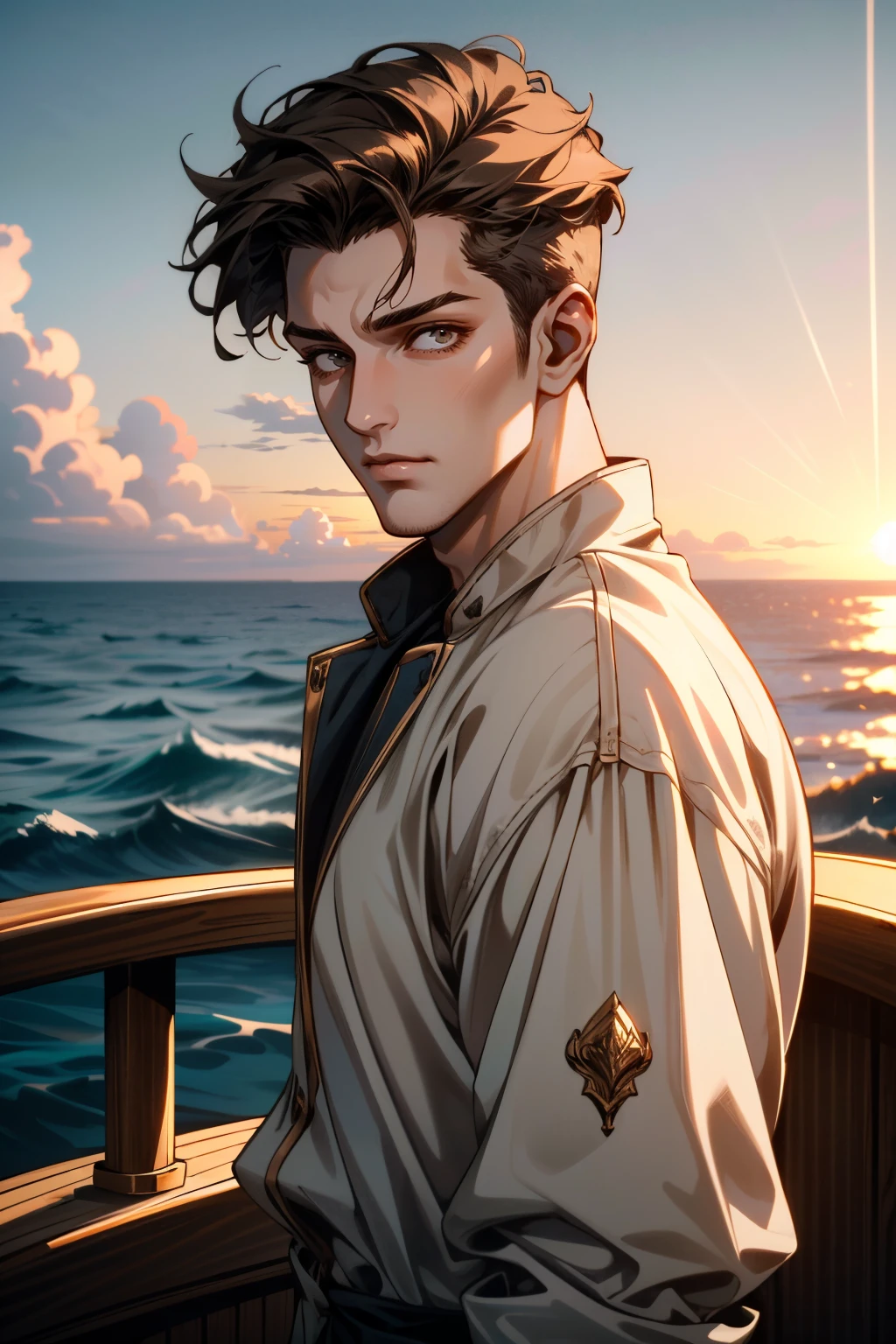 ((ultra detailed, masterpiece, absurdres))
 <lora:DAIMaleMain:0.8>
DAIMaleMain, 1boy, short hair, brown hair, looking at viewer, on a luxury yacht, ocean and sky as backdrop