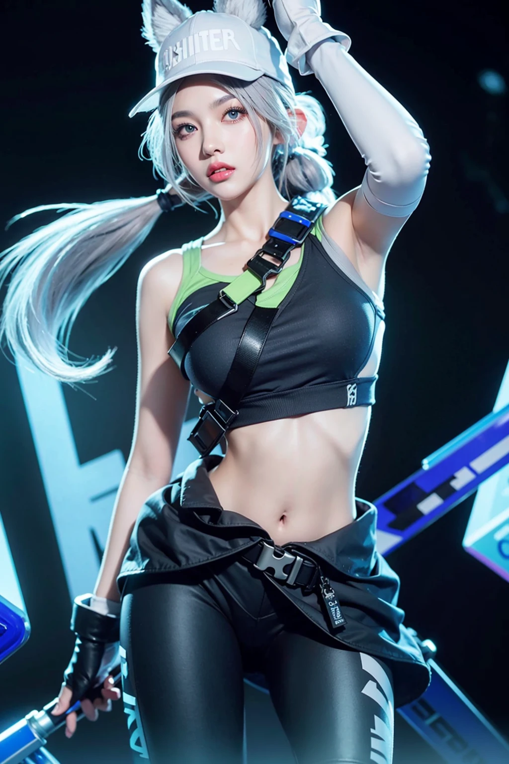 <lora:Butterfly_Wonder_Wolf_AoV_Model_LoRA:0.4>, Butterfly_Wonder_Wolf, 1girl, solo, long hair, grey hair, white hair, hat, twintails, animal ears, looking at viewer, blue eyes, makeup, lips, sports bra, breasts, medium breasts, bare shoulders, gloves, fingerless gloves, black gloves, white gloves, navel, belt, pants, black pants, leggings, jacket, clothes around waist, shoes, white footwear, glowing, parted lips, blurry, outdoors, sky, day, bag, building, scenery, city, sign, road, power lines, street, utility pole, real world location, best quality, ultra high res, (photorealistic:1.4), masterpiece, real life skin, hyper real