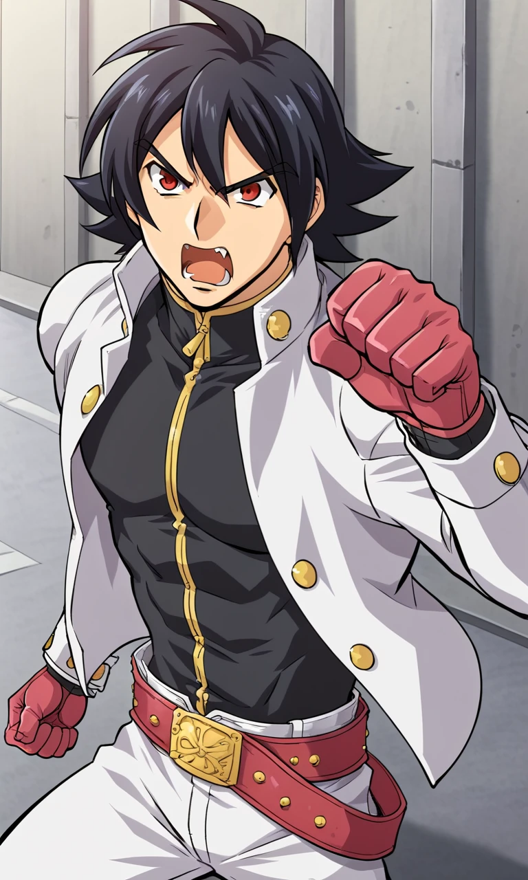 1boy, solo, zanmarouga, short hair, red eyes, white jacket, black shirt, pink gloves, white pants, belt, standing, outdoors, street, cowboy shot, fighting stance, angry, screaming, fang, open mouth, serious