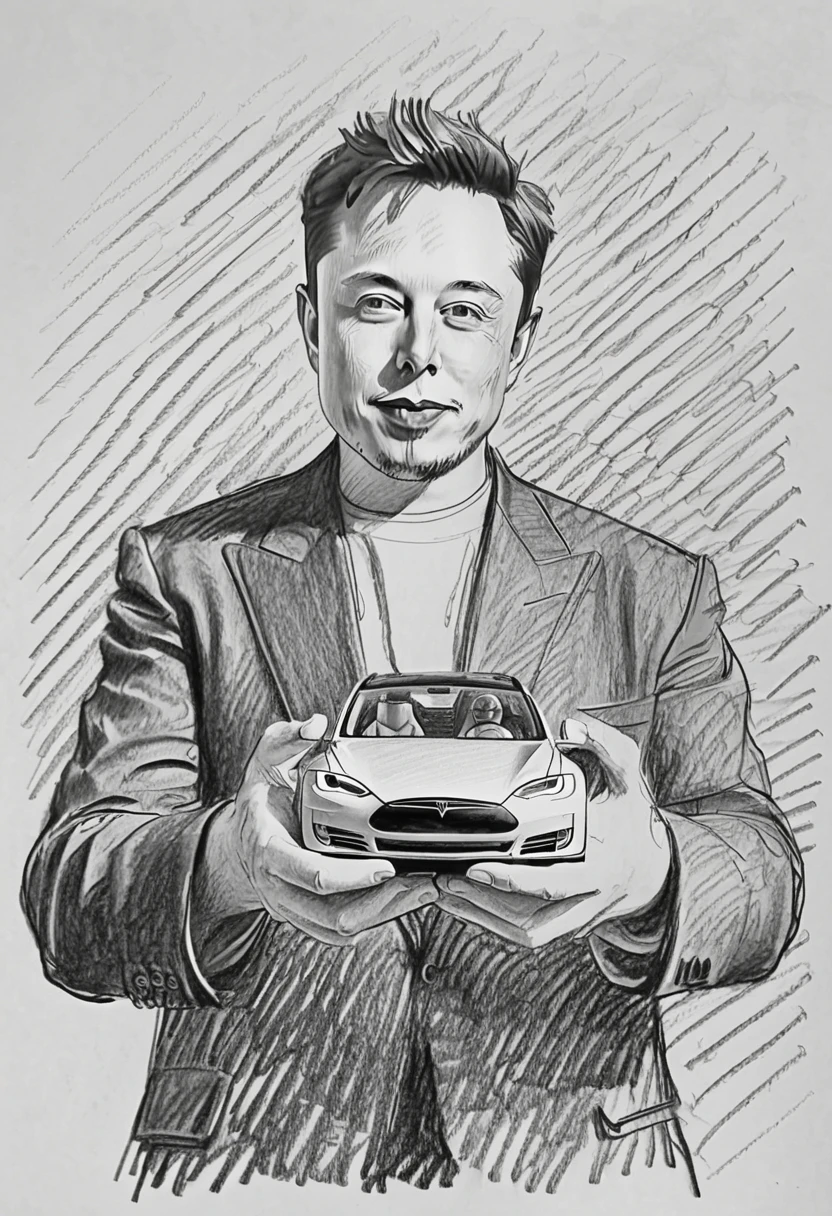 <lora:Pencil_Sketch-06R:1> pencil sketch of Elon Musk both hands holding a Tesla car toy