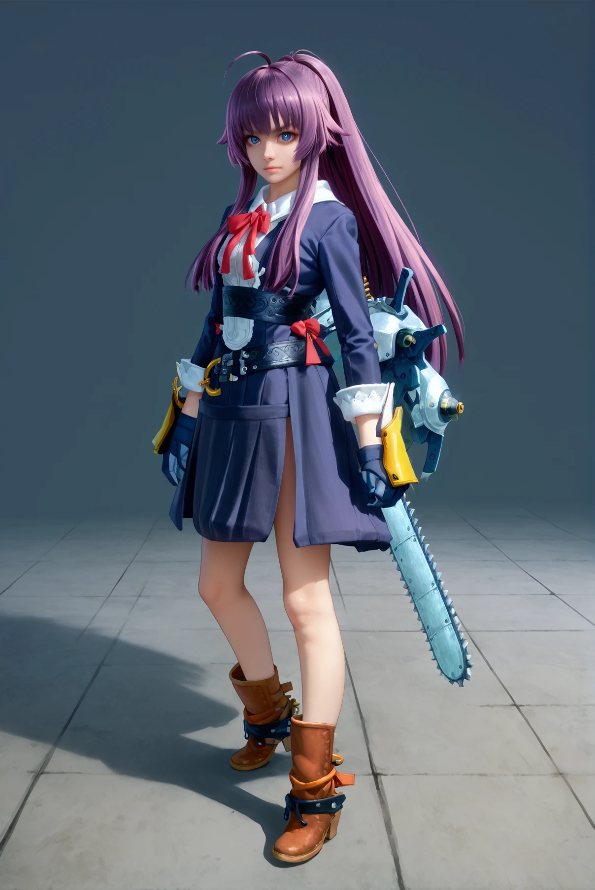 score_9, score_8_up, score_7_up, <lora:Saaya_Onechanbara_Z2:0.8> 1girl, solo, long hair, purple hair, ponytail, ahoge, gloves, belt, skirt, boots, weapon, chainsaw, looking at viewer