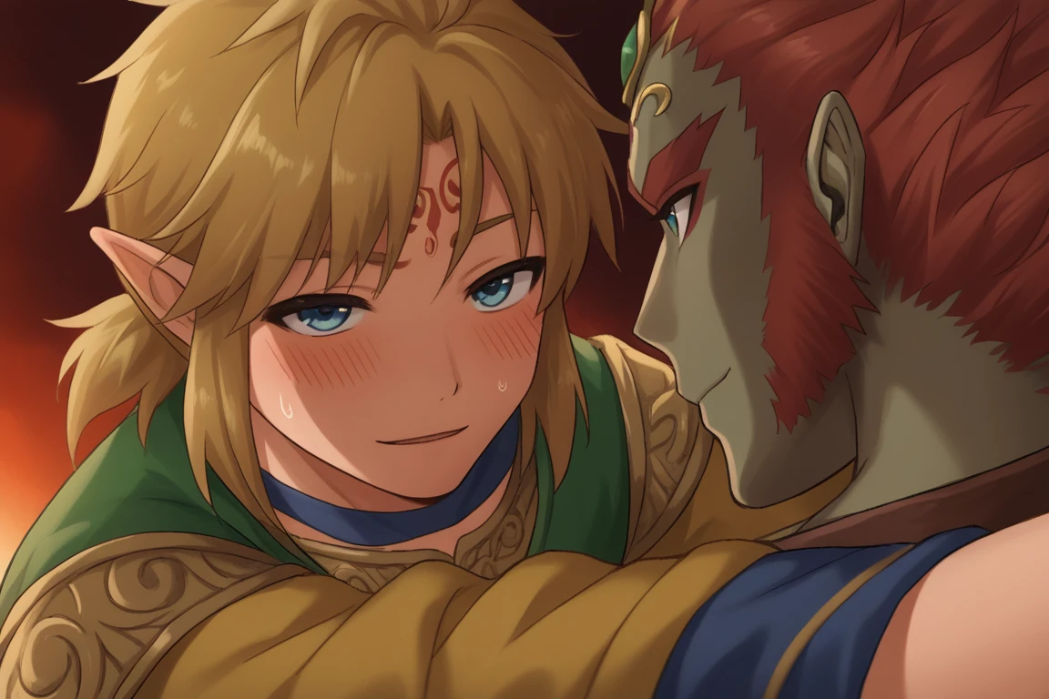 score_9, score_8_up, score_7_up, score_6_up, detailed, intricate details, highres, absurdres ,source_anime, cowboy shot,
2boys, SOLO focus, yaoi, wiid,sweat, blush, looking at another, eye contact, SWEATDROP, seductive smile,
BREAK link from legend of zelda
BREAK ganondorf from legend of zelda<lora:EMS-430683-EMS:1.000000>