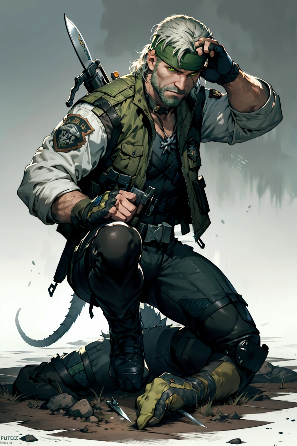 an accurate and detailed full body shot of an adult male character named The Basilisk, muscular and athletic build, Rugged, scarred face, strong jawline, stuble beard, Medium length unkempt hair, Silver hair color, (headband:1.4), (glowing green eyes:1.1), leather jacket with lightweight metal plates, (tactical vest with basilisk emblem:1.4), long sleeves, Fingerless gloves, Utility belt with pouches and holsters, Combat pants, reinforced knee pads, Heavy-duty combat boots, (holding combat knife:1.2), masterpiece, high quality, 4K, Big Boss, the punisher<lora:EMS-22877-EMS:0.600000>, <lora:EMS-287113-EMS:0.500000>, <lora:EMS-400153-EMS:0.400000>