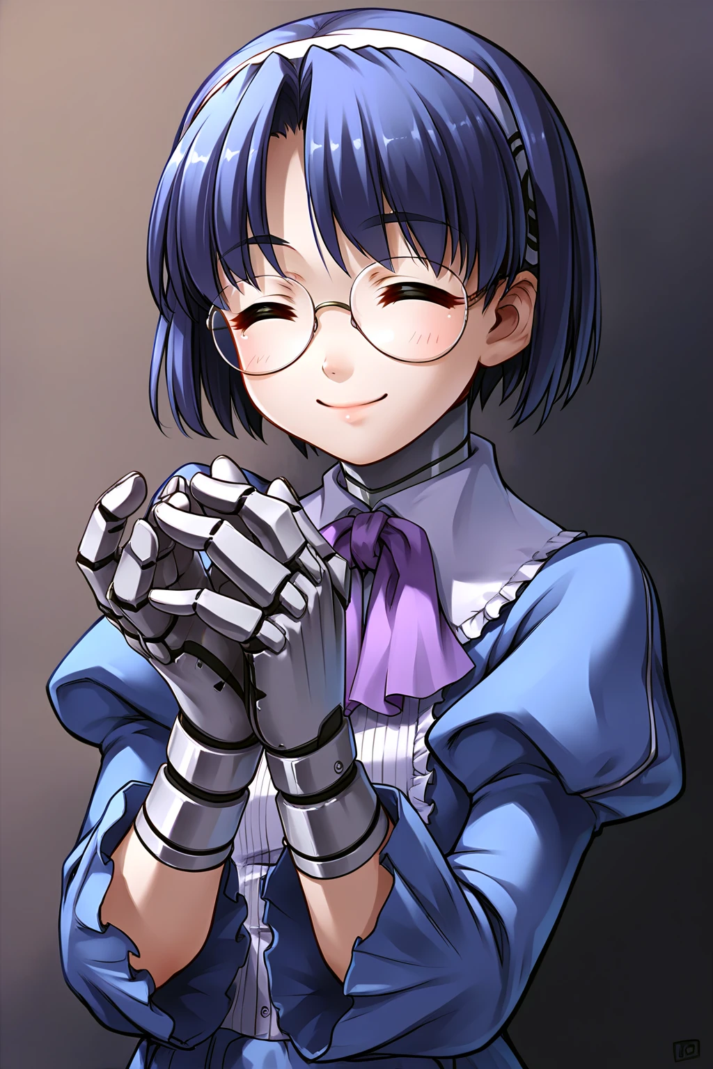 score_9, score_8_up, score_7_up, score_6_up, score_5_up, score_4_up, source_anime, rating_safe, 1girl, aiko, metal neck, metal hands, dress, bow, closed eyes, smile, glasses