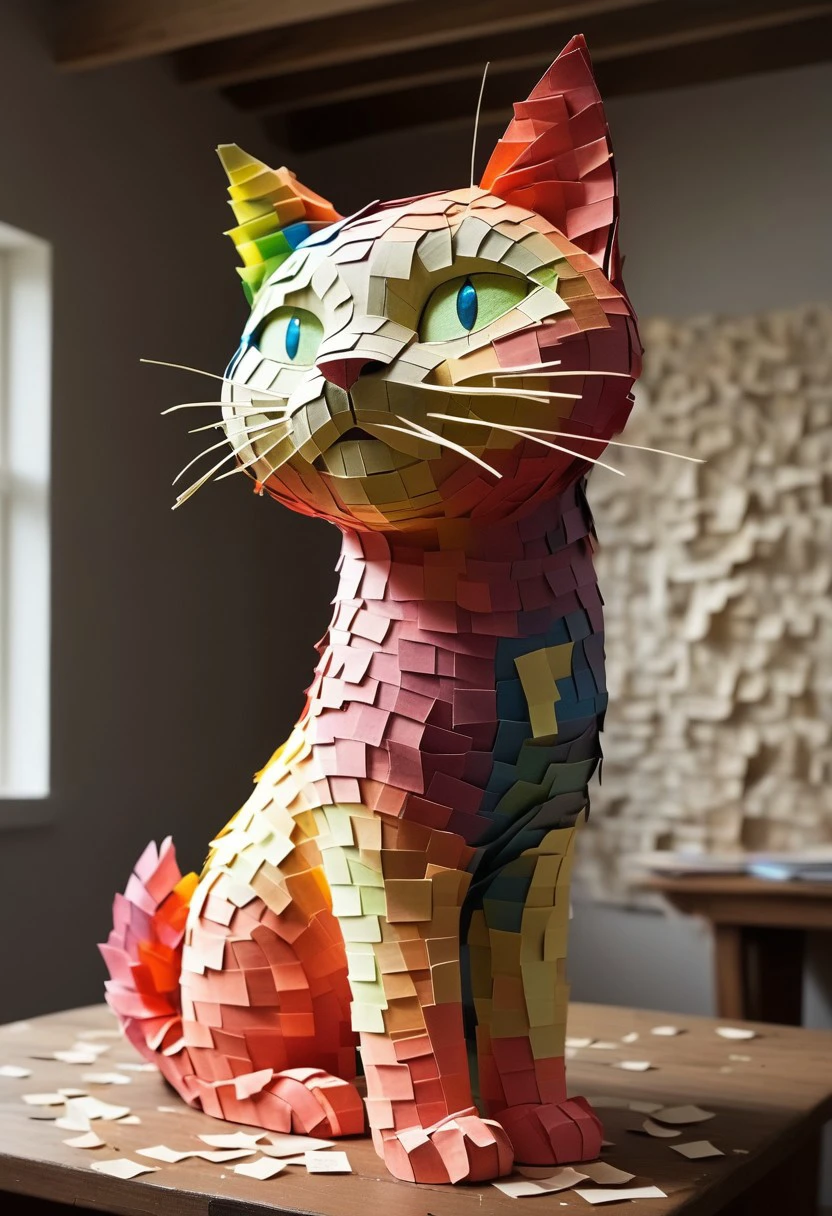 endposit_notesmorph, a cinematic photographic depiction of a paper sculpture of a rainbow cat made out of paper post it notes, paper sticky notes, indoors, scene made of post it notes,  made from 3m post it notes, post it notes, paper texture