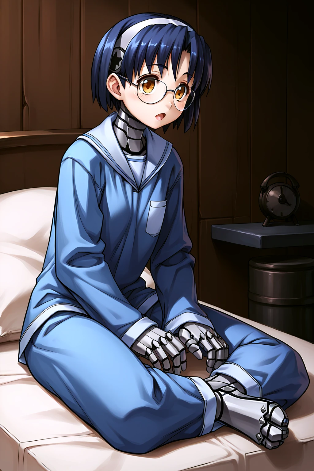 score_9, score_8_up, score_7_up, score_6_up, score_5_up, score_4_up, source_anime, rating_safe, 1girl, aiko, pajamas, metal neck, metal hands, metal legs