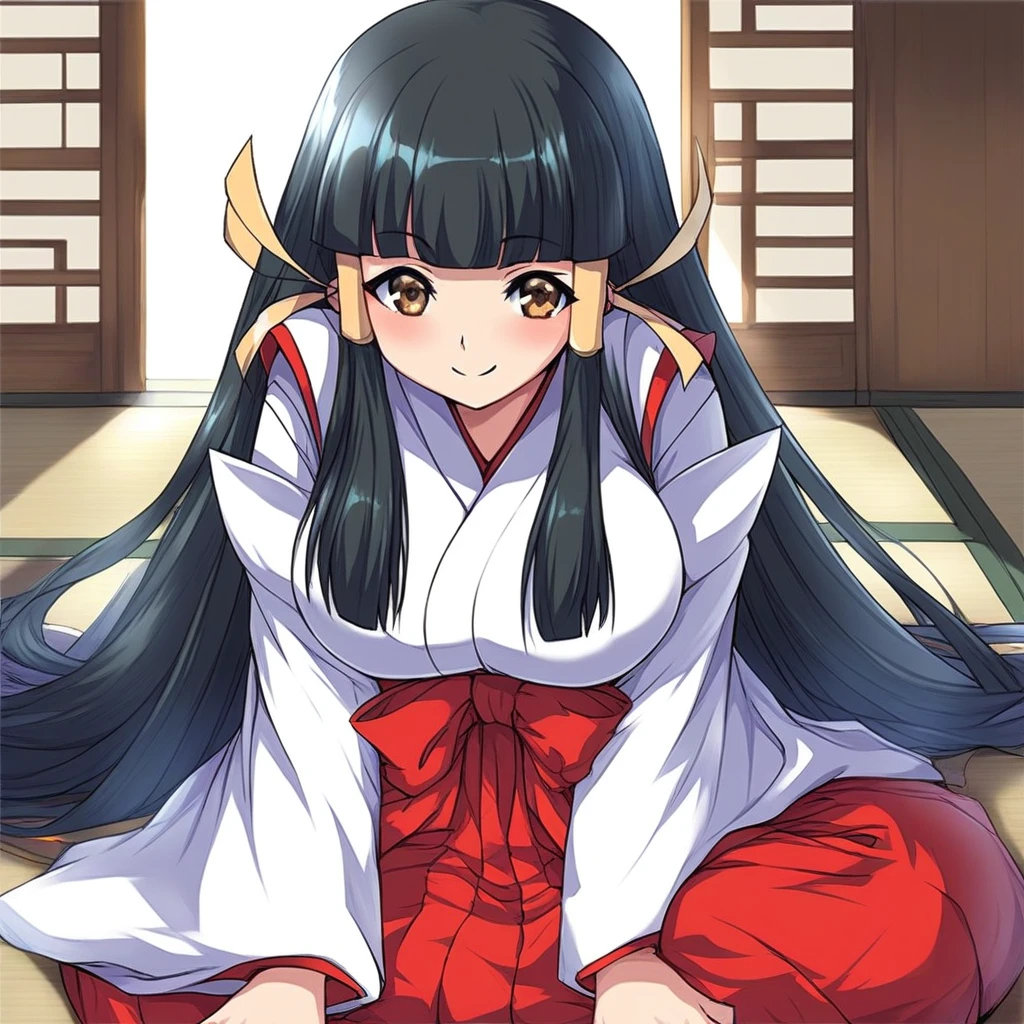 score_9, score_8_up, score_7_up, source_anime, rating_explicit, BREAK  <lora:Kasuga_Maori_XL:1> KasugaMaori, very long hair, black hair, large breasts, hair ribbon, brown eyes, hair tubes, bangs,  hime cut,
miko, japanese clothes,red hakama, skirt, hakama skirt,  smile, blush, sitting,
Japanese room, tatami,