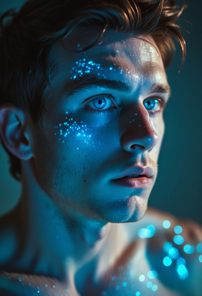 aurealis, a close up portrait of a young man with bioluminescent skin,
2000s vintage RAW photo, photorealistic, film grain, candid camera, color graded cinematic, eye catchlights, atmospheric lighting, macro shot, skin pores, imperfections, natural, shallow dof  <lora:Aurealis_alpha:0.5>