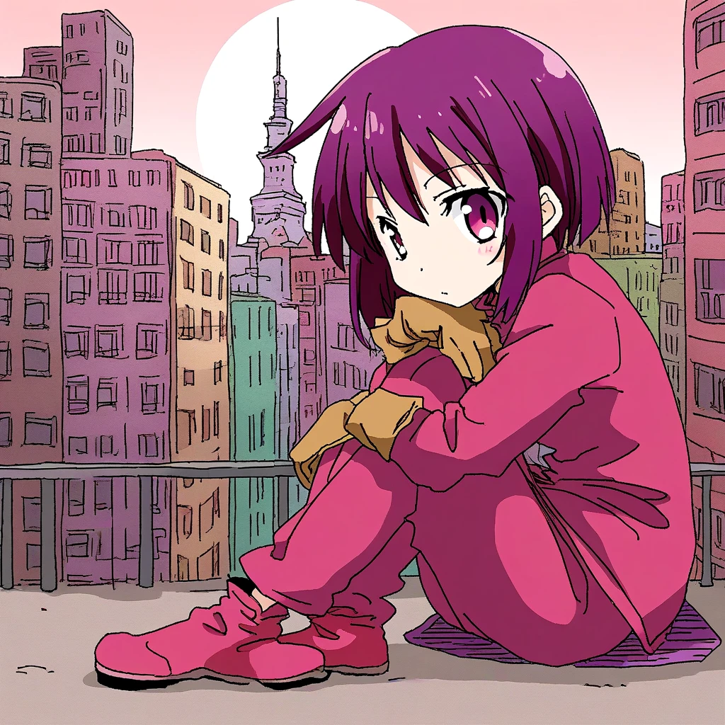 <lora:comic_SDXL_v1:0.5>, (anime coloring:0.8), girl, solo, full body, manga_art, iniphizi, long sleeves, sitting, oekaki, gloves, city