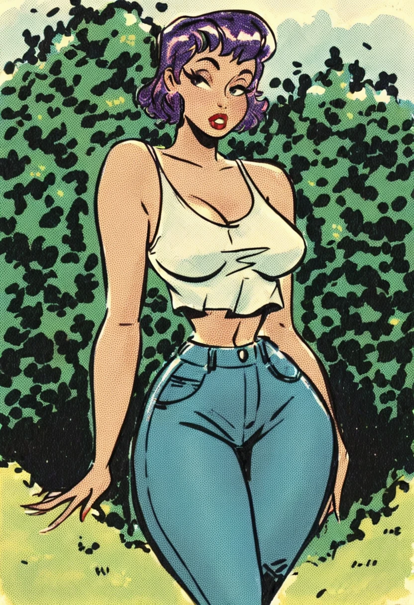 score_9, score_8_up, score_7_up, score_6_up, <lora:Toon_Tdc_PDXL:0.8> toontdcxl, traditional media, retro pin-up, 1girl, wide hips, in the park, jeans tank top, purple hair, short hair, red lips, parted lips,