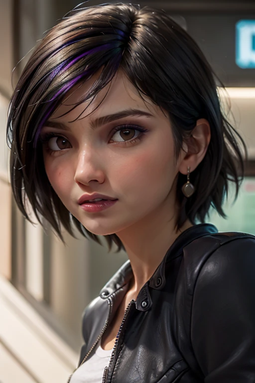 A stunning and intricate full color portrait in Ultra-HD, girl, short multicolored hair, brown eyes, detailed face, dressed in a short black jacket, raised sleeves, jewelry, epic character composition, alessio albi. nina masic, sharp focus, natural lighting, subsurface dispersion, f2, 35mm<lora:EMS-383051-EMS:1.000000>