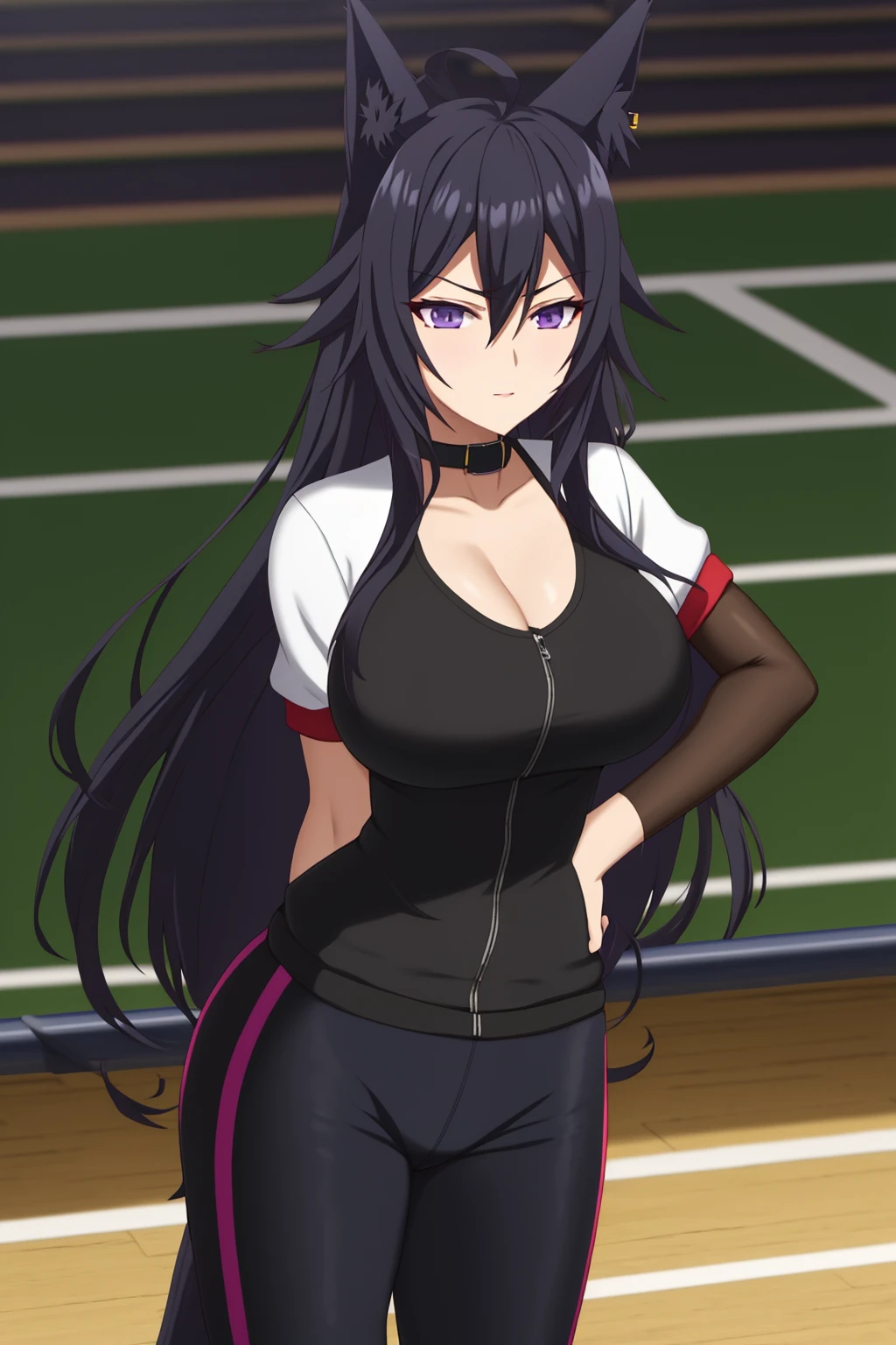 sysdeep_olivia, 1girl, solo, long_hair, breasts, large_breasts, black_hair, animal_ears, hair_between_eyes, purple_eyes, ahoge, ((gym_outfit)), gym, school_gym, hand_on_hip